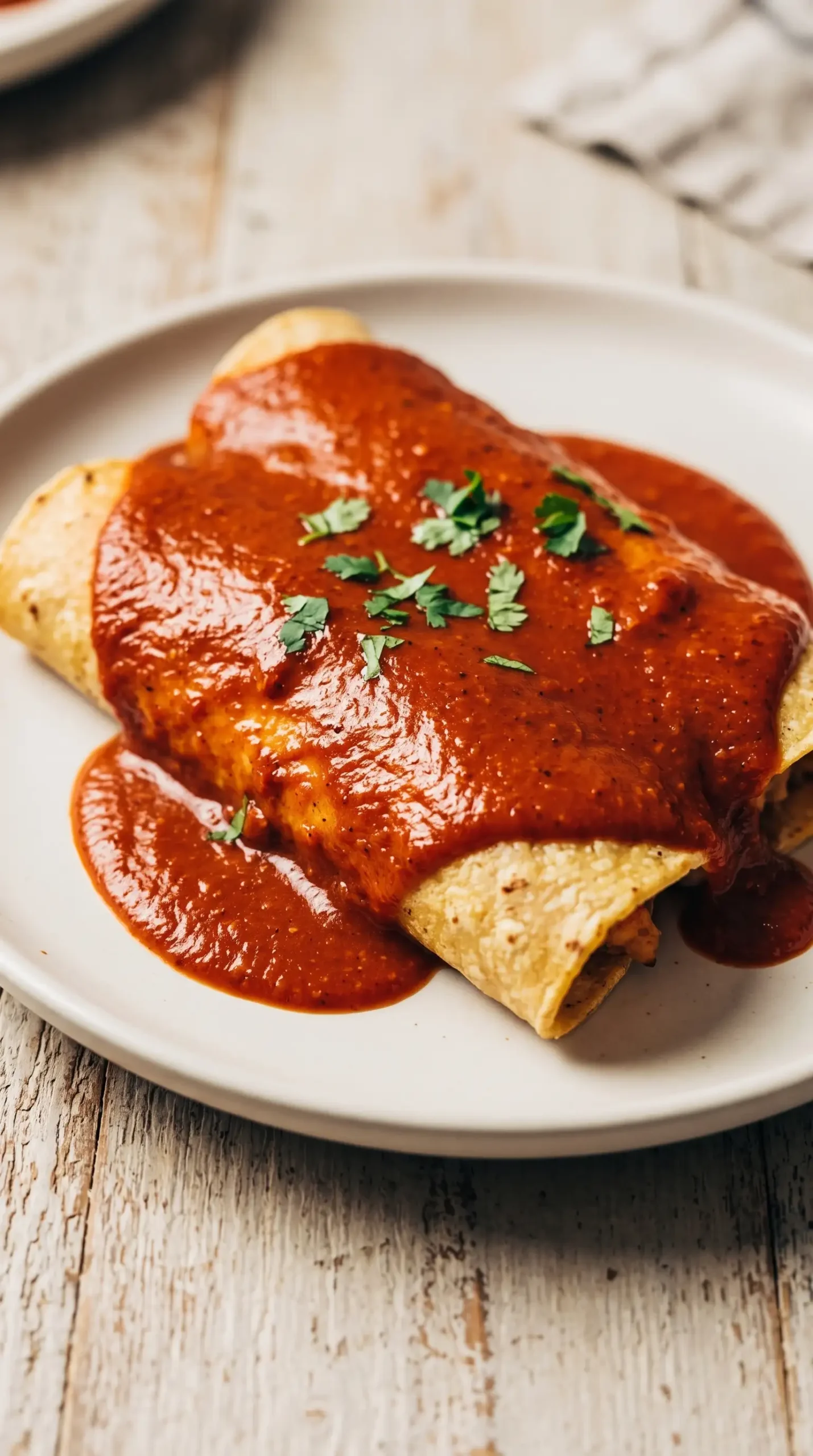 Enchiladas covered with smooth homemade red enchilada sauce and cilantro