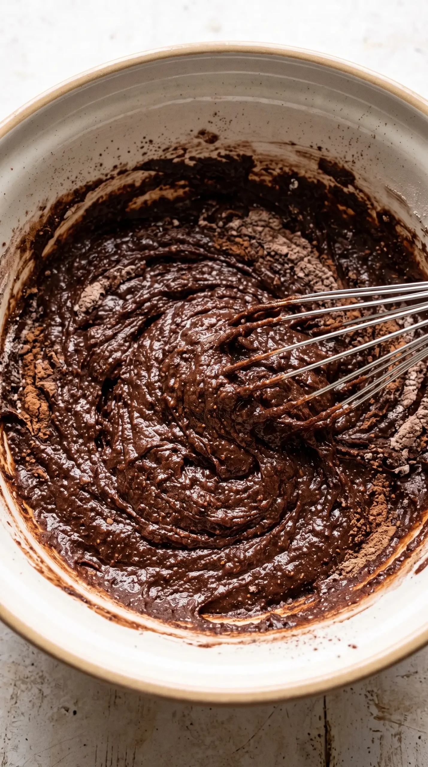 Thick chocolate espresso brownie batter being mixed in a bowl