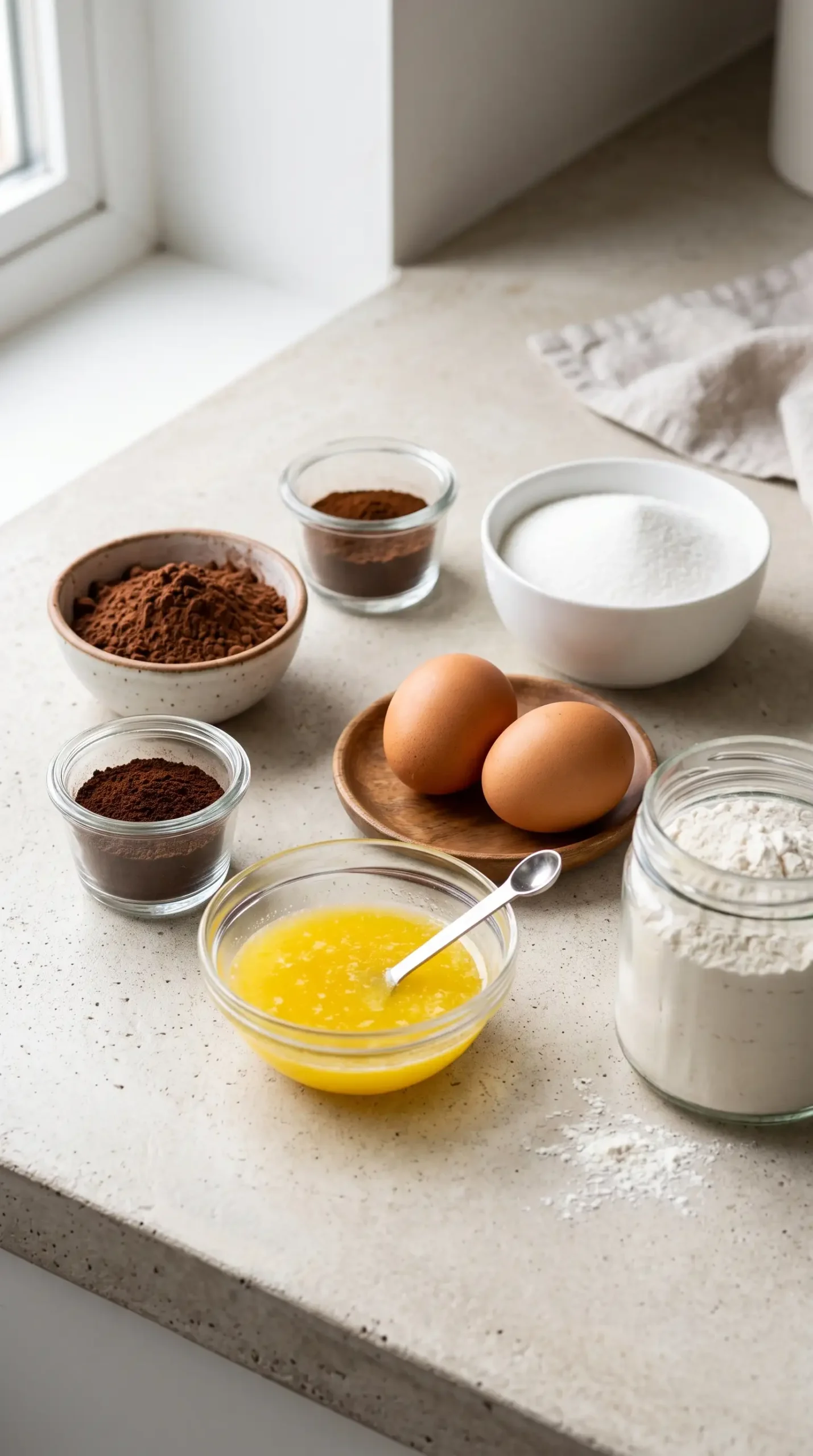 Cocoa powder, espresso powder, eggs, butter, flour, and sugar for espresso brownies
