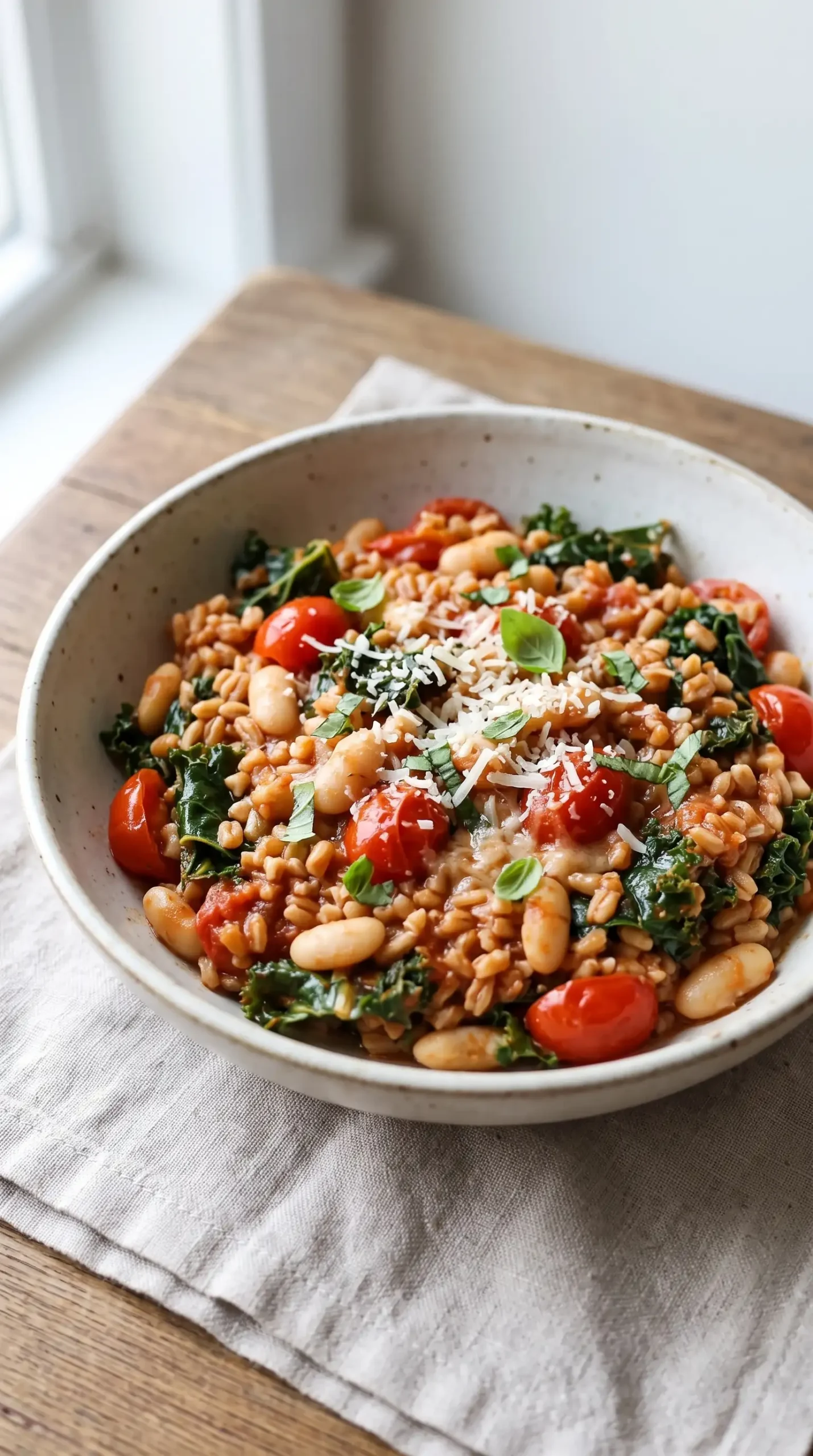 Bowl of farro with white beans, kale, tomatoes, and melted Asiago cheese