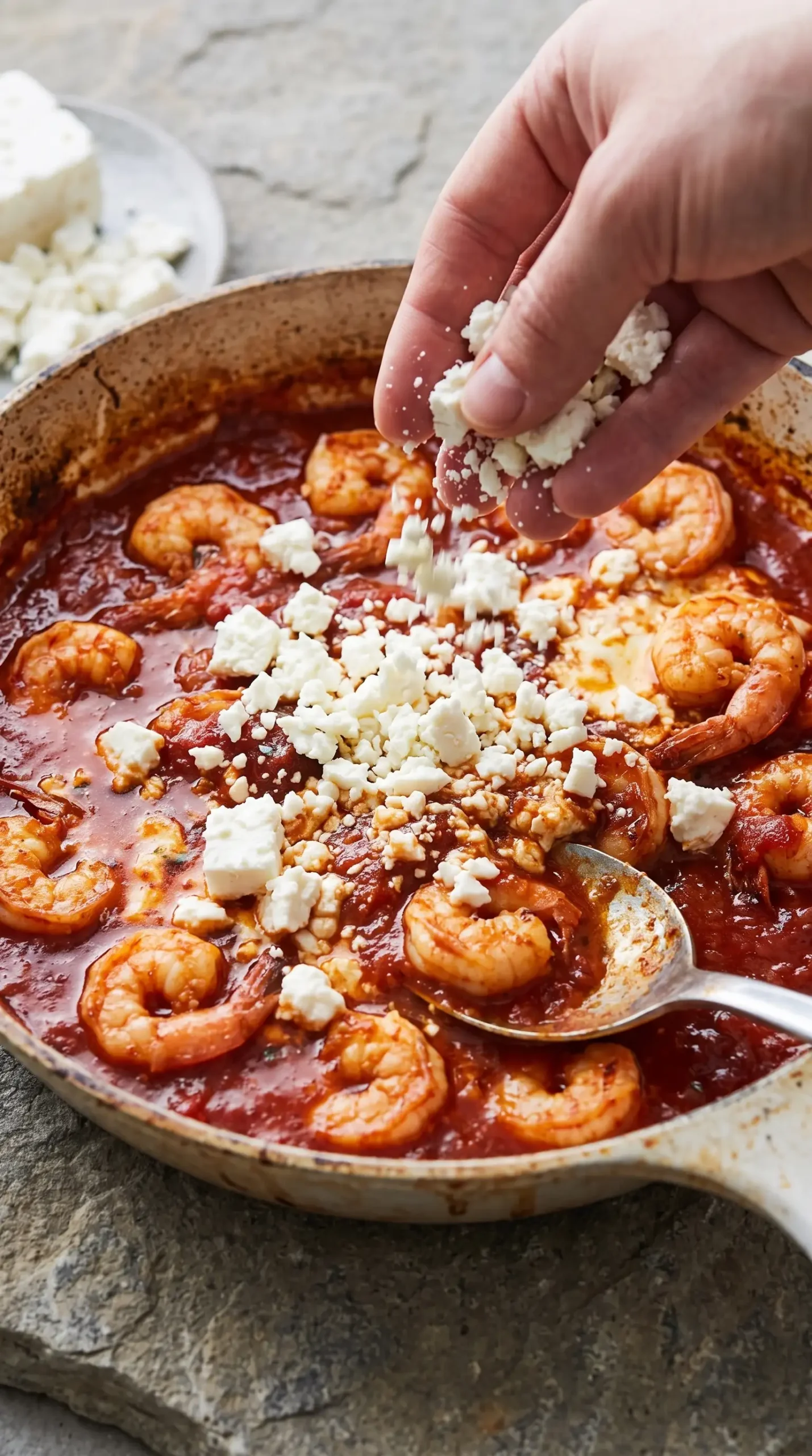 Crumbled feta added over shrimp and tomato sauce in a skillet