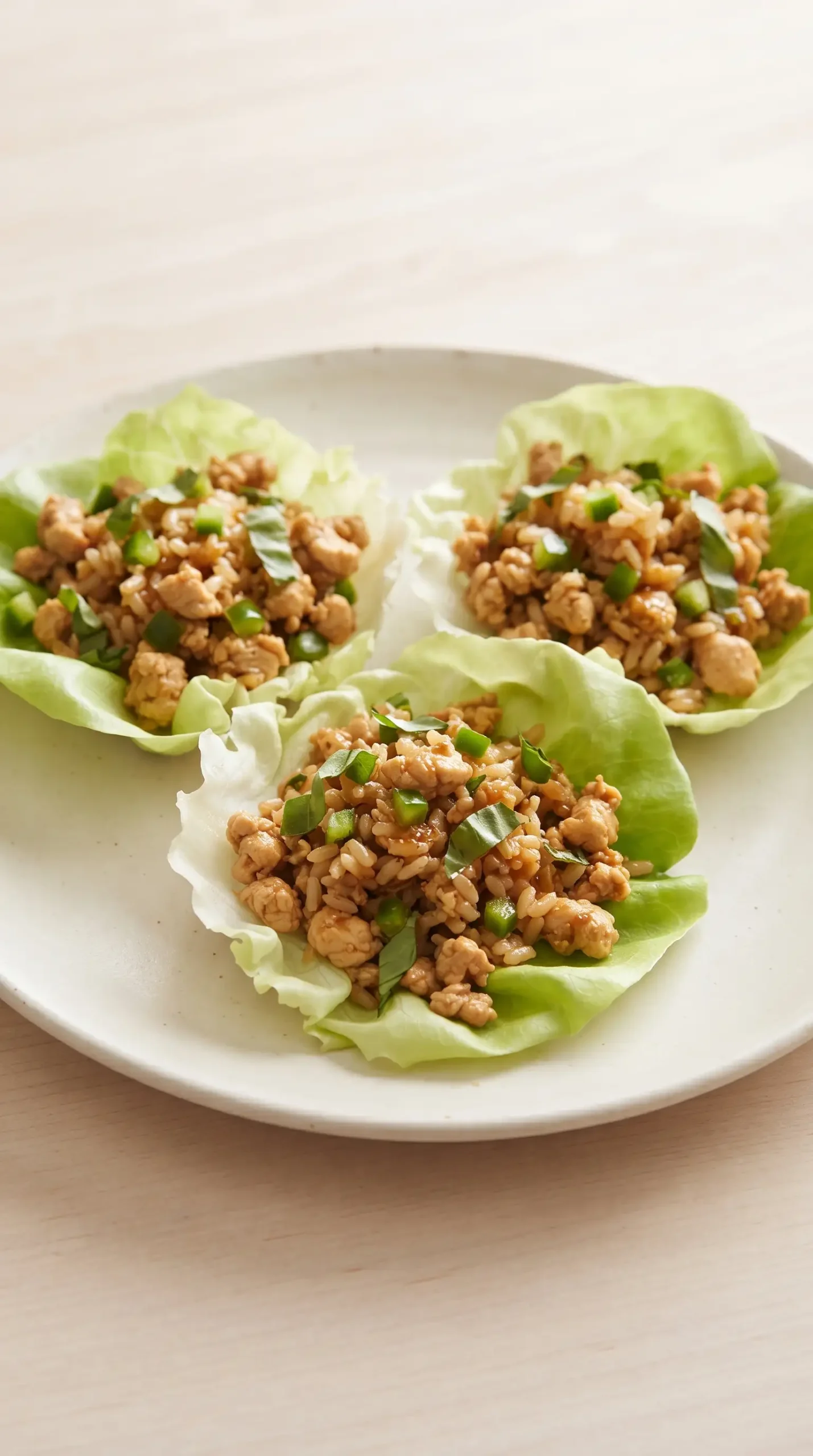 Basil chicken lettuce wraps filled with ground chicken, brown rice, jalapeno, and basil