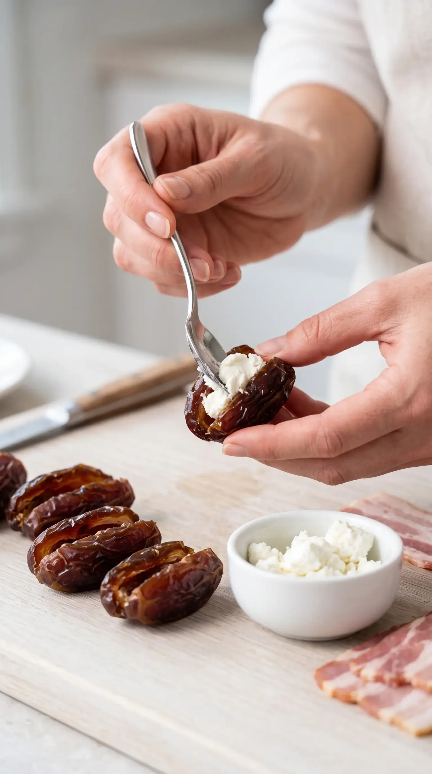 Hands filling a pitted date with goat cheese before wrapping it in bacon