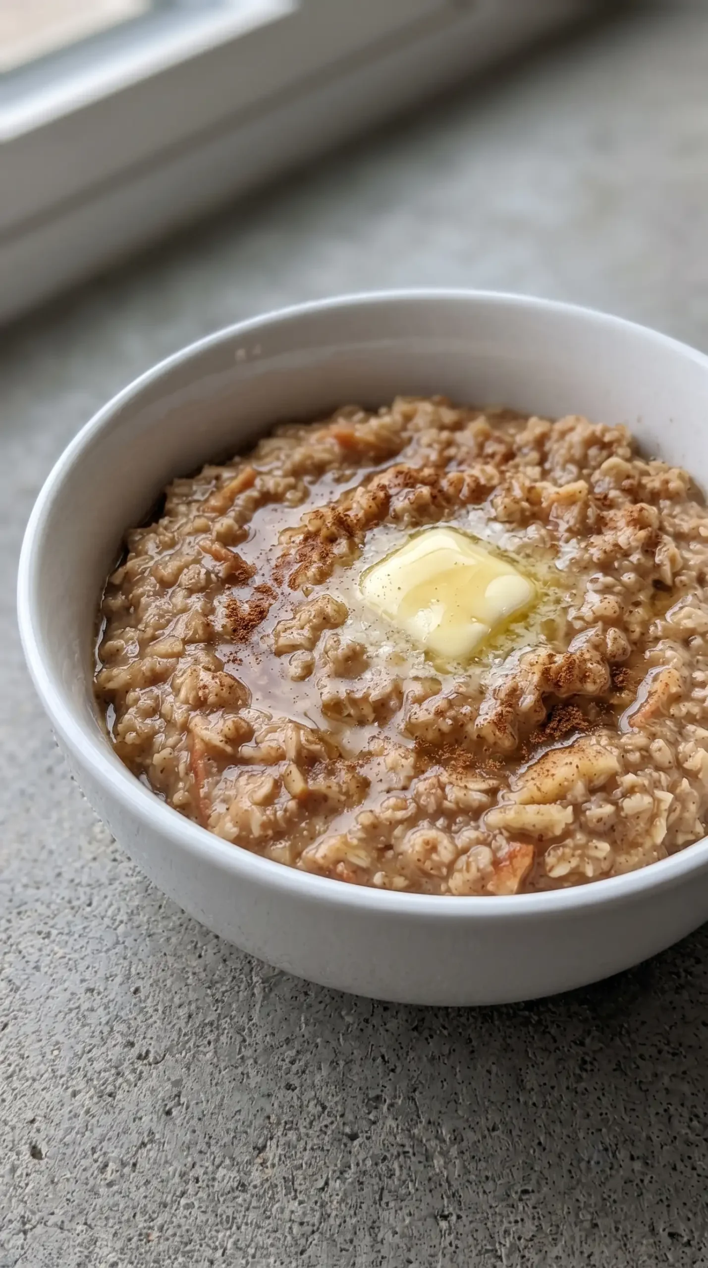 Finished apple bran oatmeal bowl with oats, apple pieces, cinnamon, and brown sugar