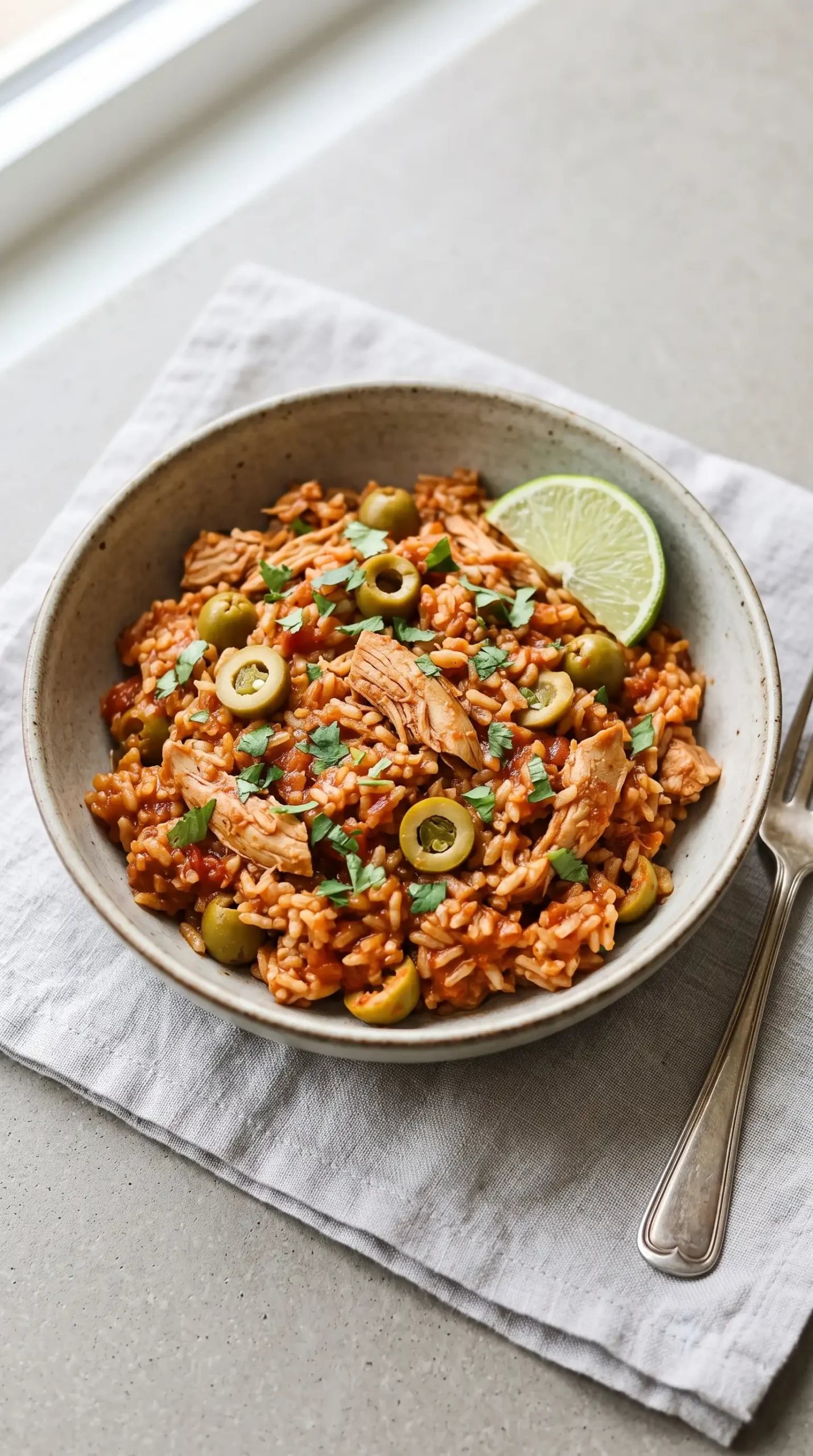 Finished serving of seasoned rice with chicken thighs, olives, cilantro, and lime