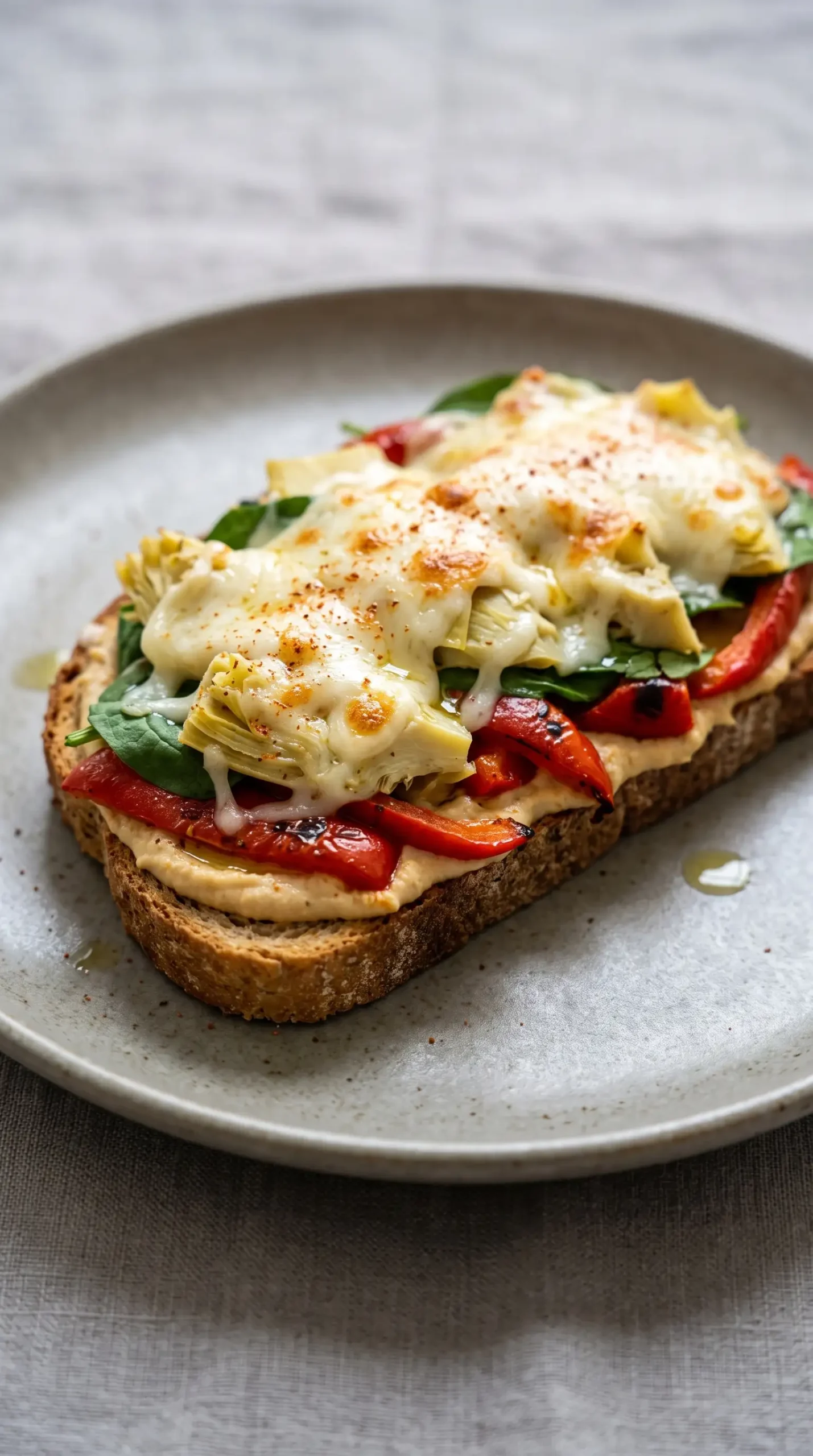Finished open-faced melt with hummus, artichokes, roasted peppers, spinach, and mozzarella