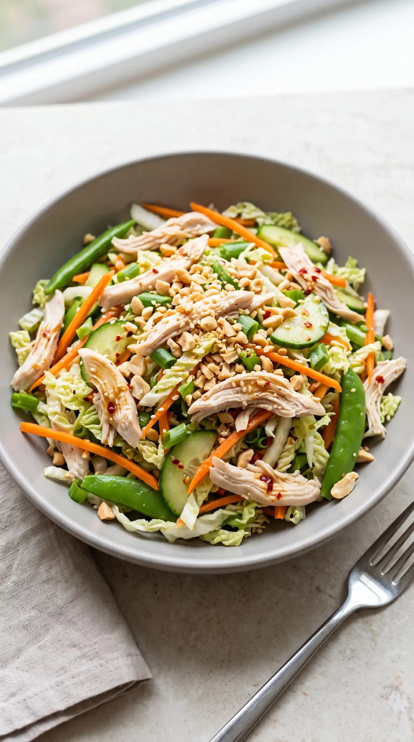 Finished Asian chicken salad with vegetables, shredded chicken, and crushed peanut topping