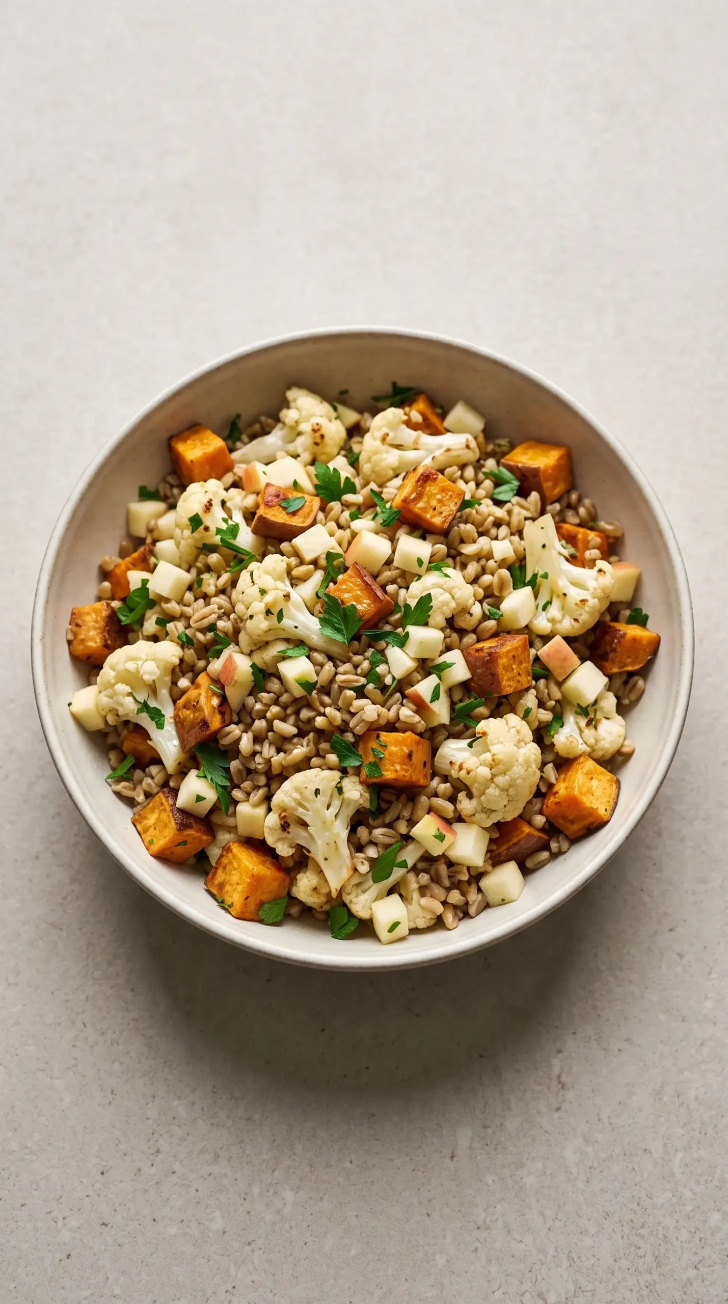 Finished autumn glow salad with roasted vegetables, freekeh, apple, parsley, and lemon dressing