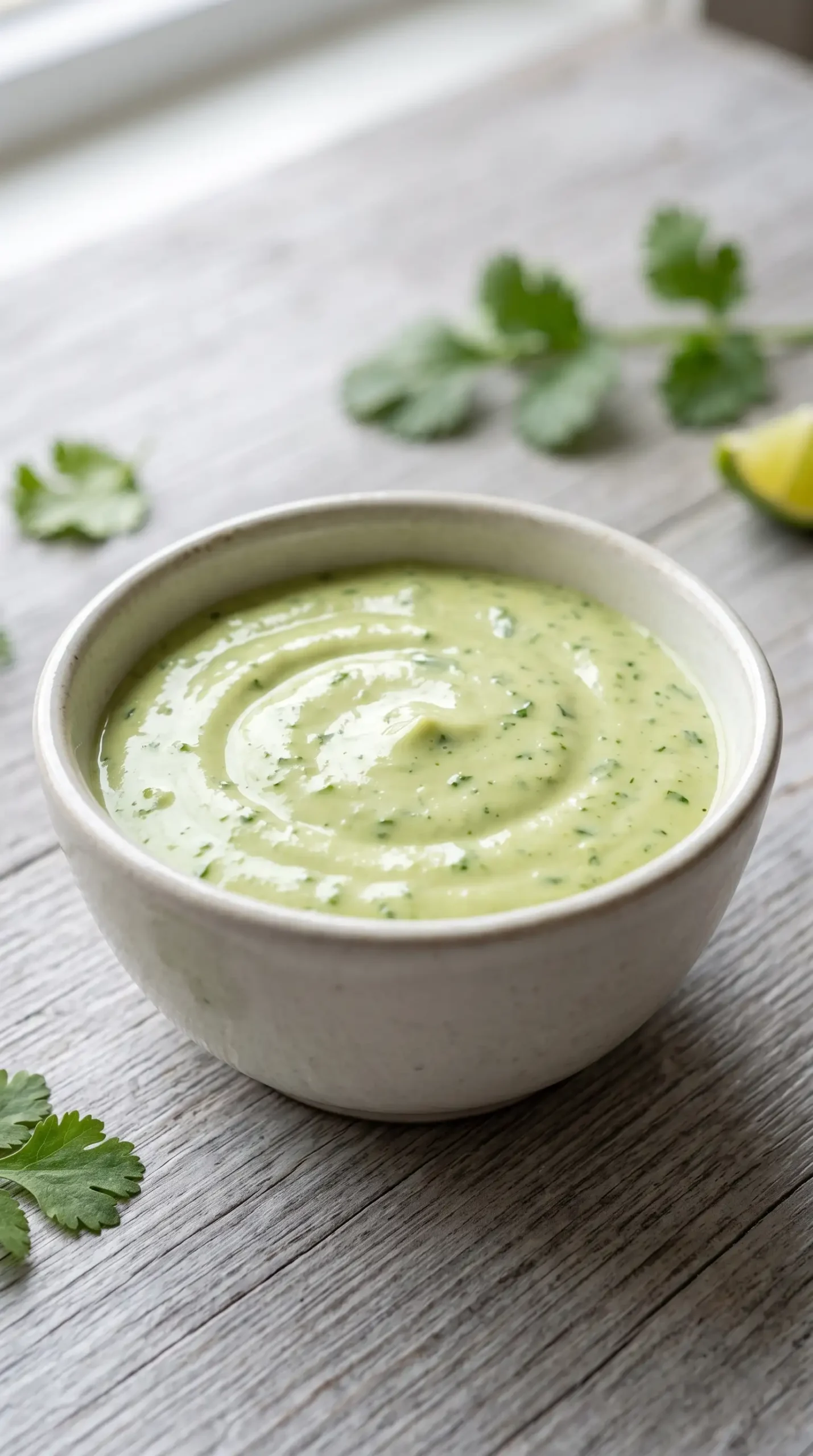 Smooth avocado cilantro dressing served in a small bowl