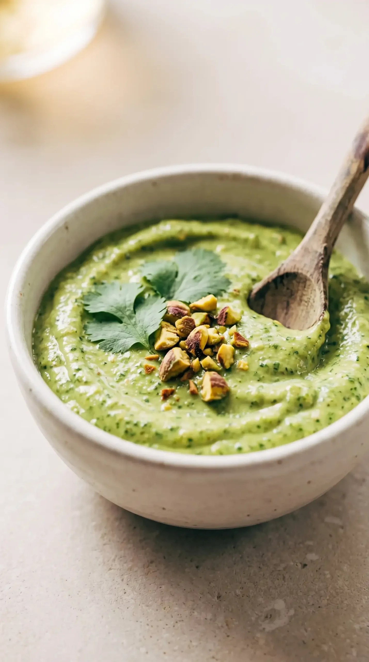 Thick avocado green sauce served as a dip with herbs and pistachio pieces