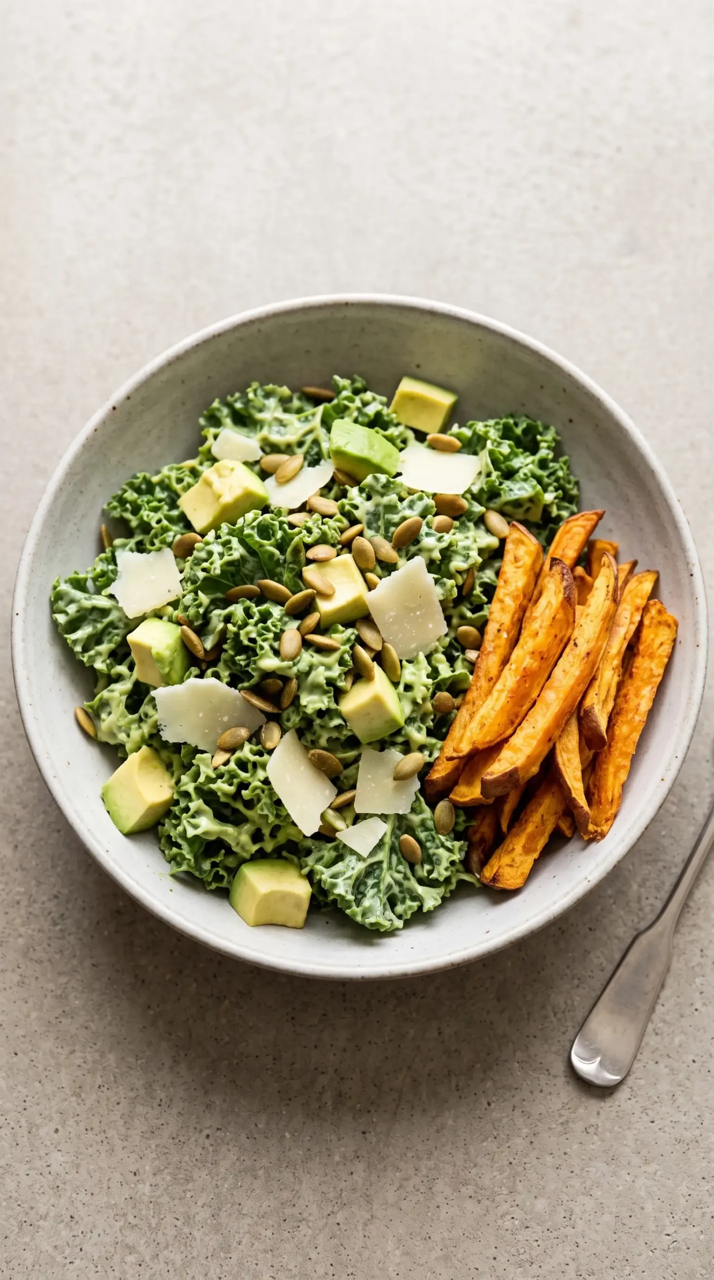 Finished avocado kale Caesar salad with avocado cubes, Parmesan, pepitas, and fries