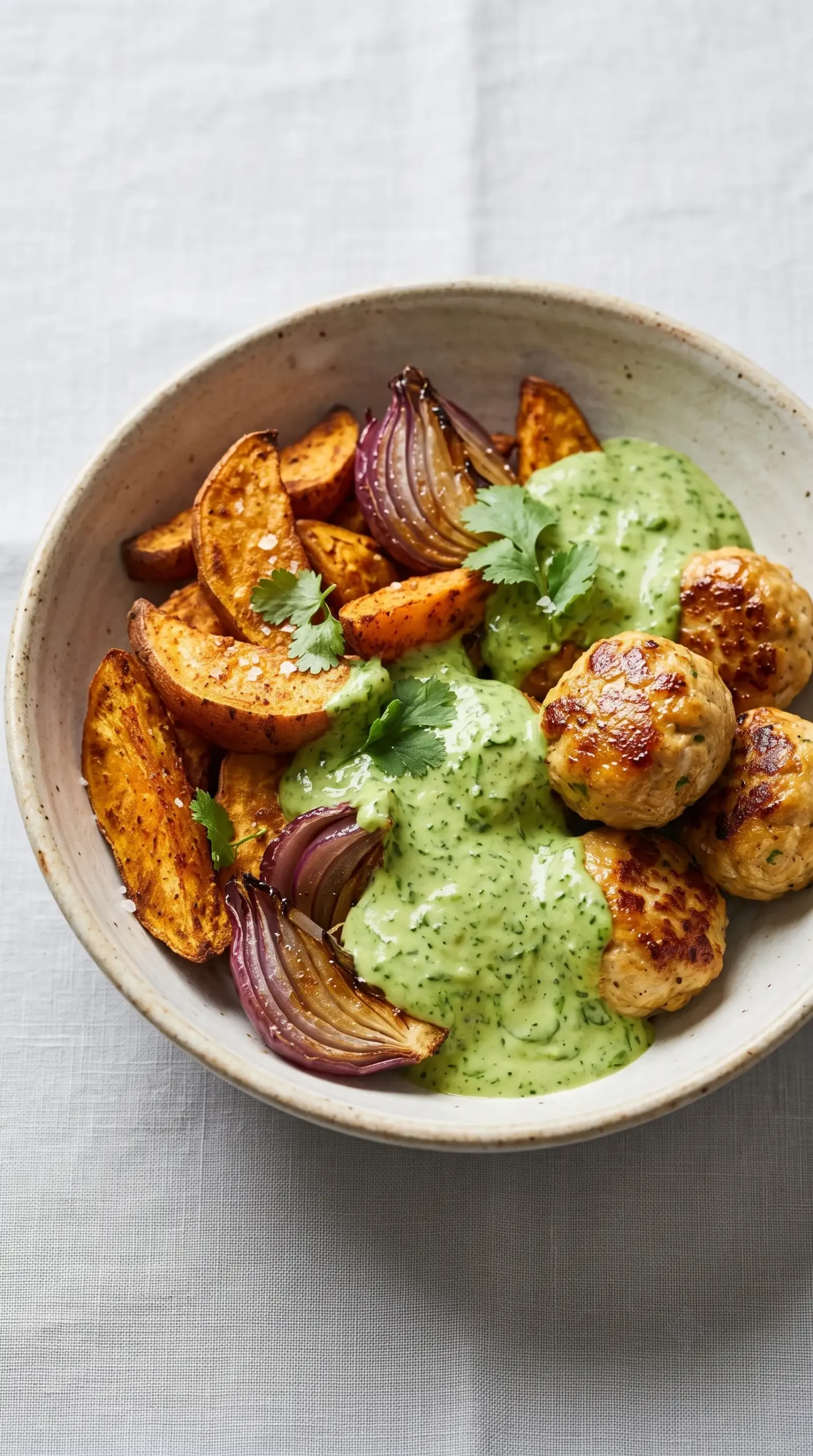 Finished avocado mojo bowl with sweet potatoes, chicken meatballs, onion, and green sauce