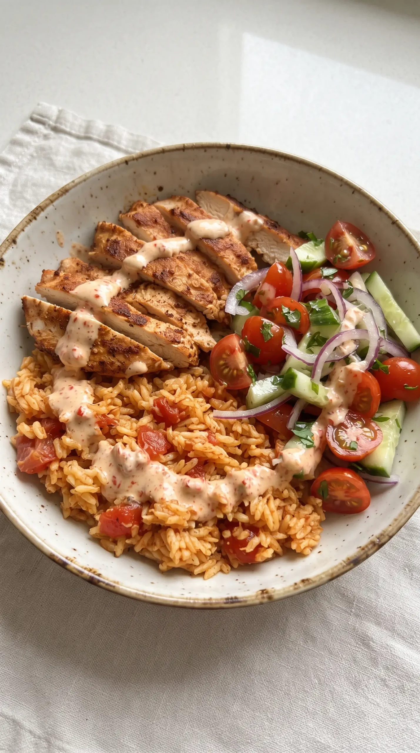 Finished banza chicken bowl with rice, chicken, vegetables, and chili sauce