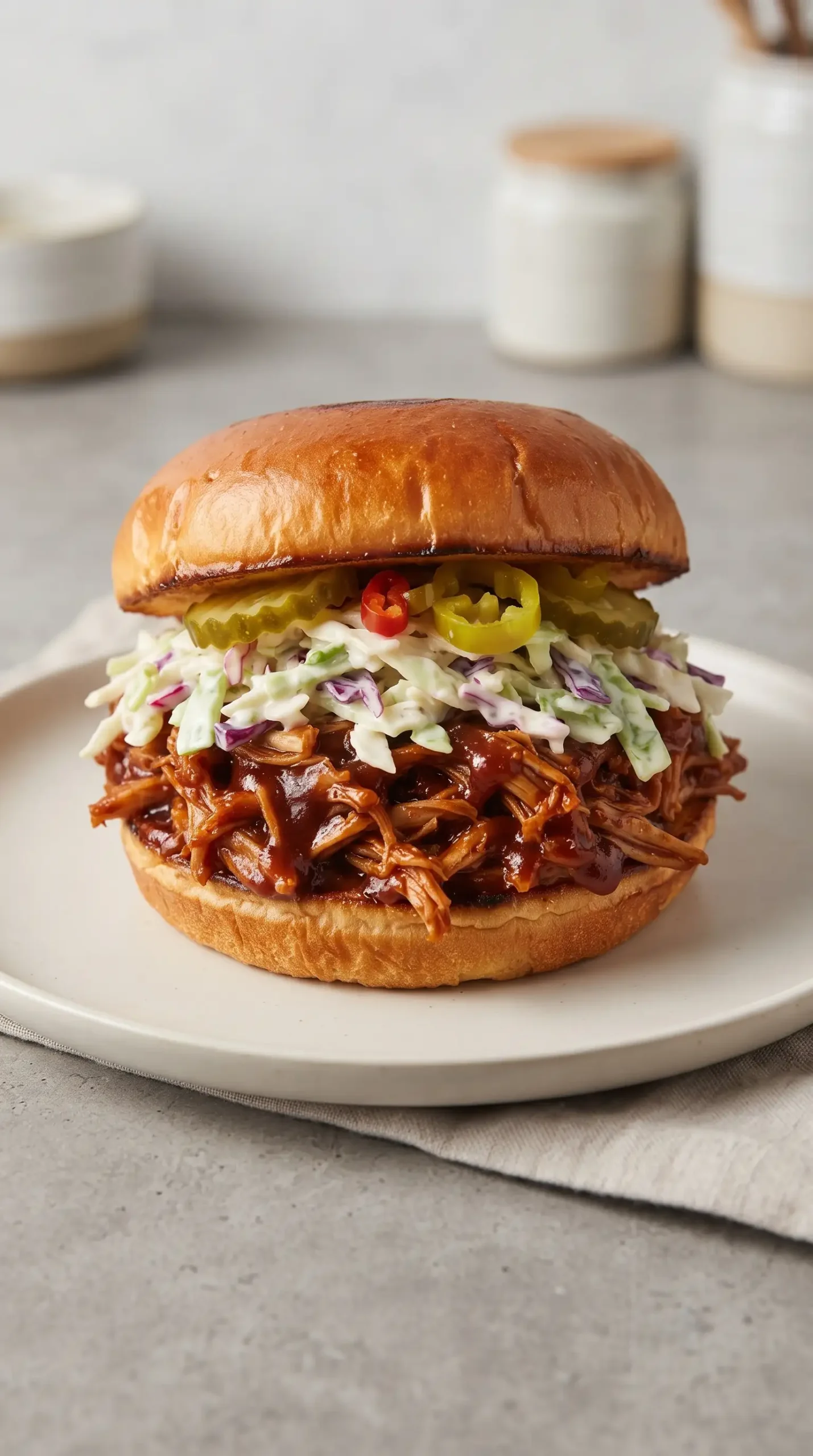 Finished BBQ jackfruit sandwich with slaw, pickles, and toasted bun