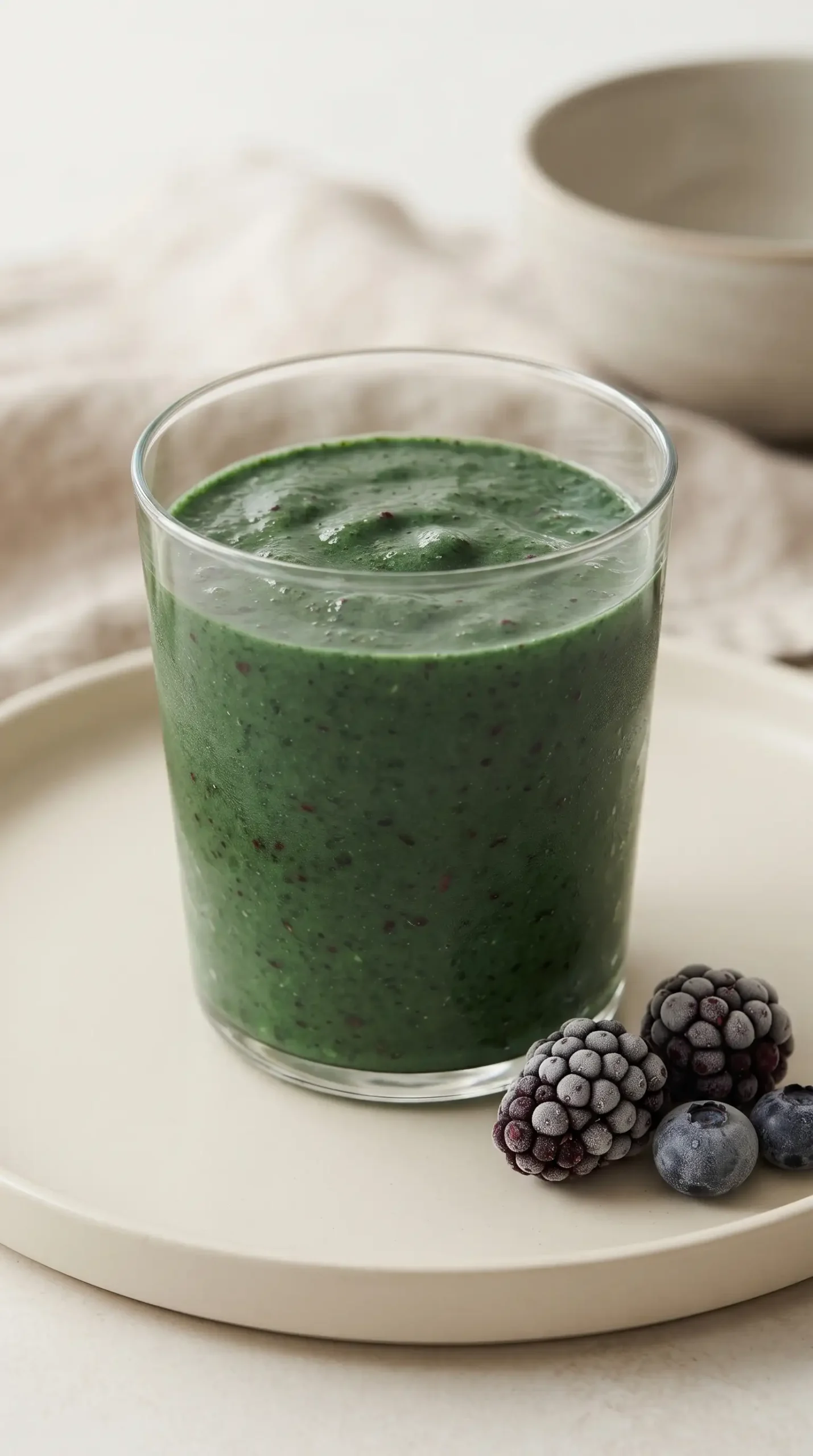 Finished berry green smoothie with spinach and frozen berries in a glass