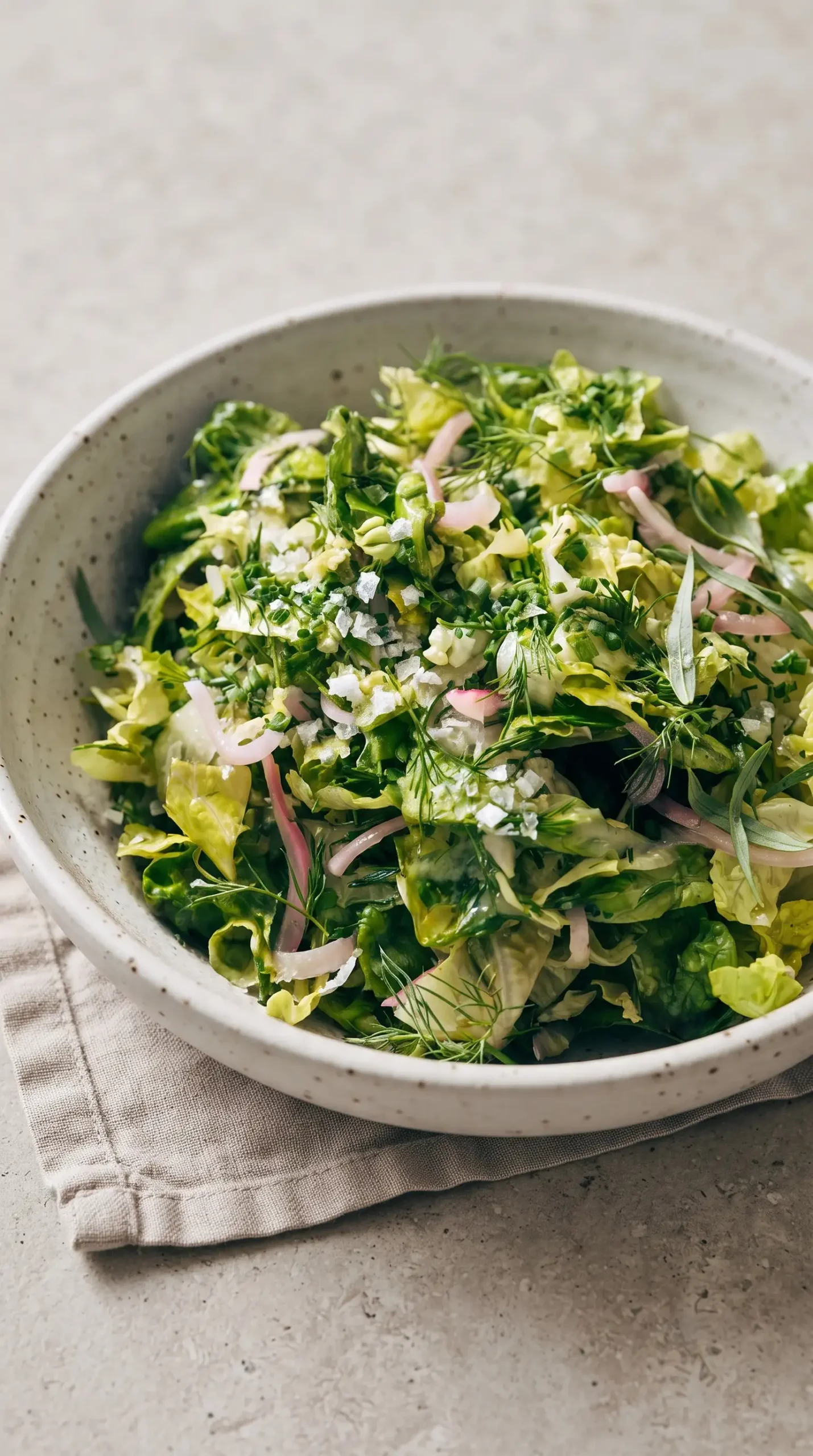 Professional food photography of the completed Liz's Bistro Salad as a single centered serving in a simple ceramic bowl. Show crisp romaine and butter lettuce mixed with fresh dill, chives, tarragon, and lightly tangy pickled red onions, lightly coated with a mild vinaigrette. Capture the fresh balanced texture of the herbs and greens with a realistic home-prepared appearance. Use a neutral non-wood surface, soft daylight, minimal garnish, and a close three-quarter view with no extra servings or distracting decorations.
