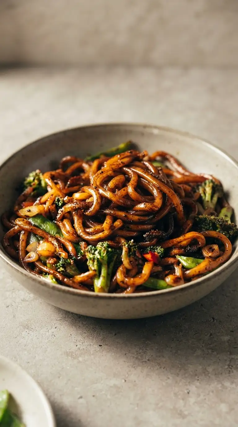 Finished black pepper udon with vegetables, glossy sauce, garlic, and cracked pepper