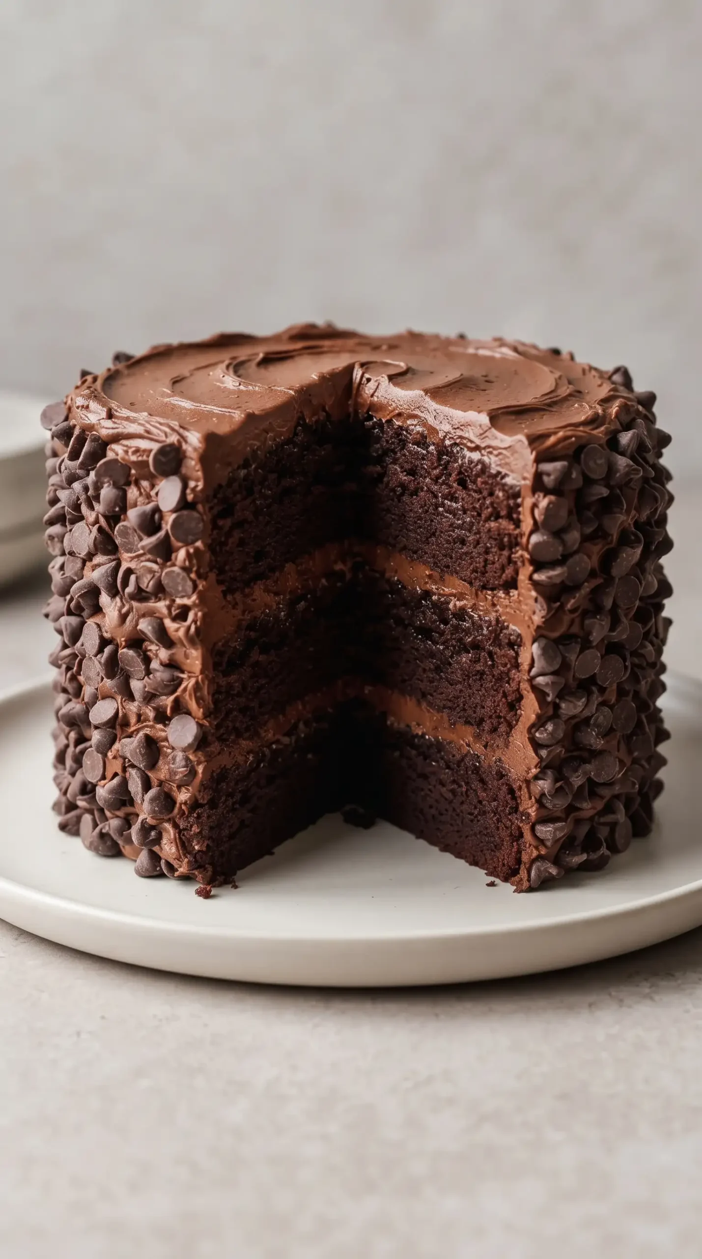 Three layer blackout chocolate cake with frosting and chocolate chip coating
