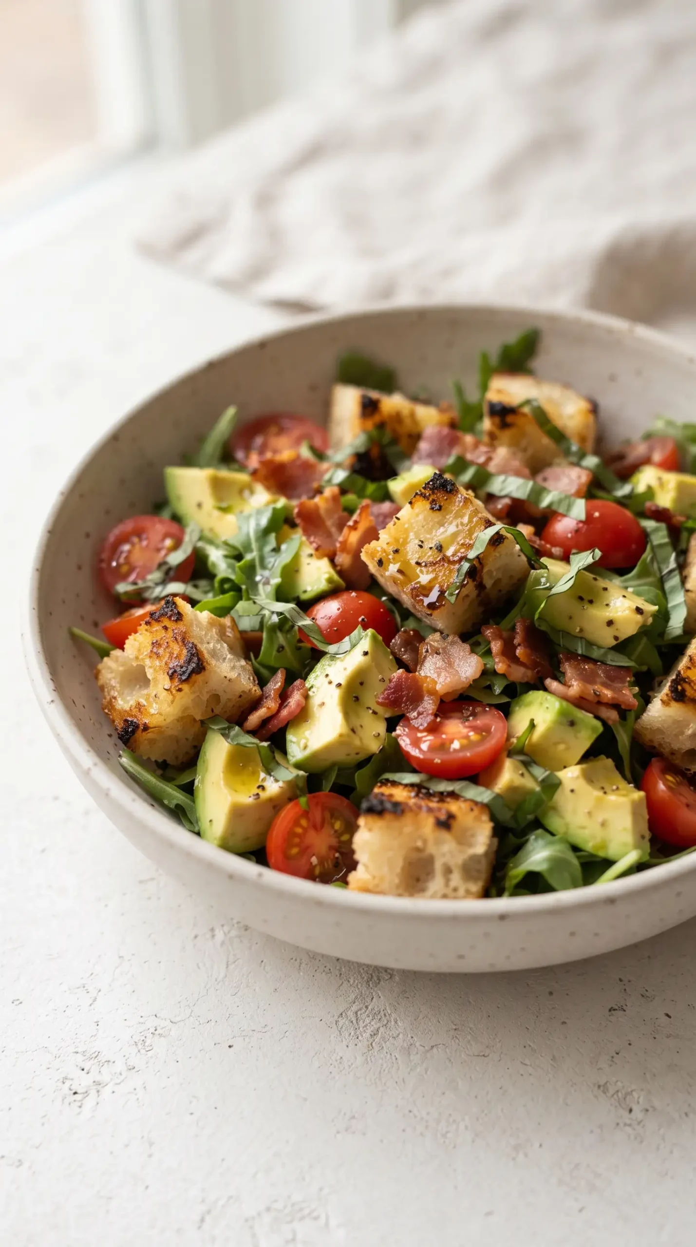 Finished BLT Panzanella with avocado, bacon, tomatoes, toasted bread, and basil