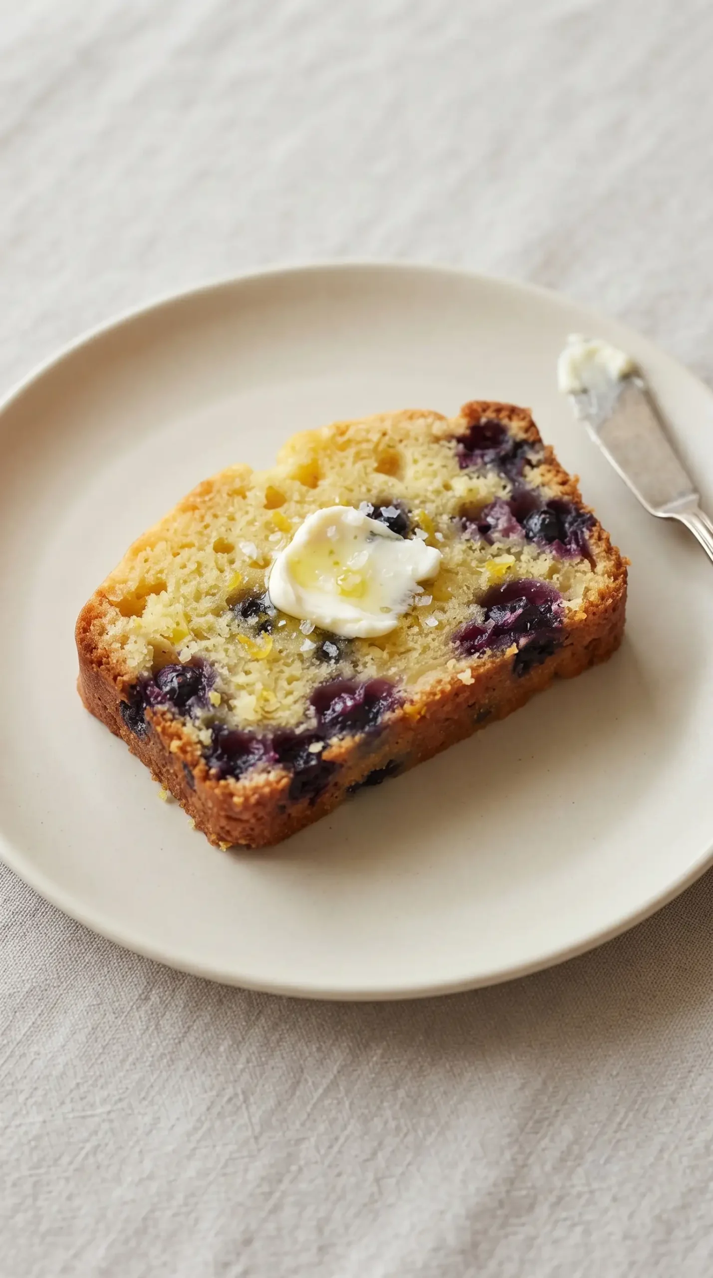Slice of blueberry lemon bread showing golden crumb, blueberry pockets, and butter topping