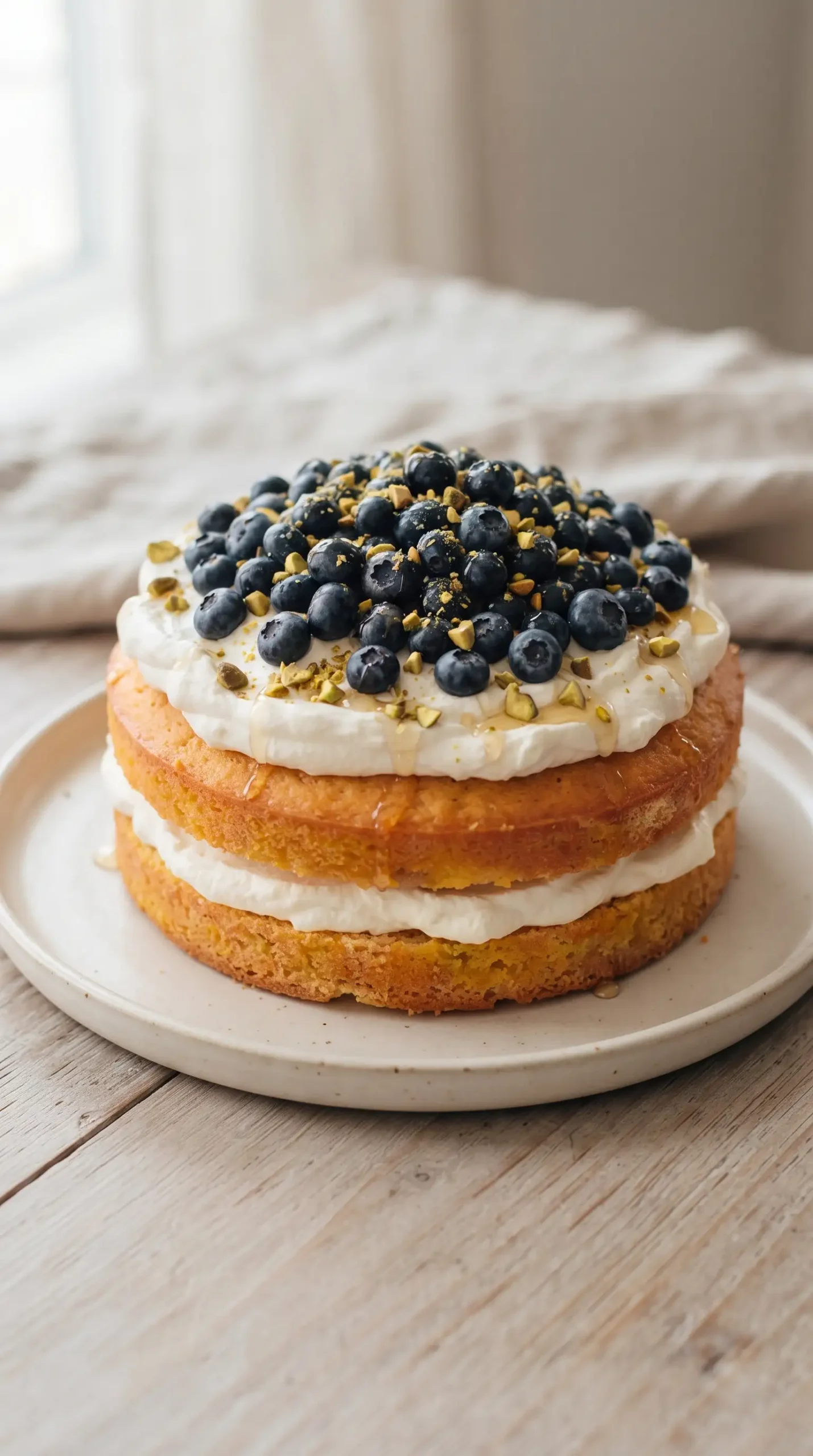 Whole blueberry orange cake topped with whipped cream, blueberries, pistachios, and agave