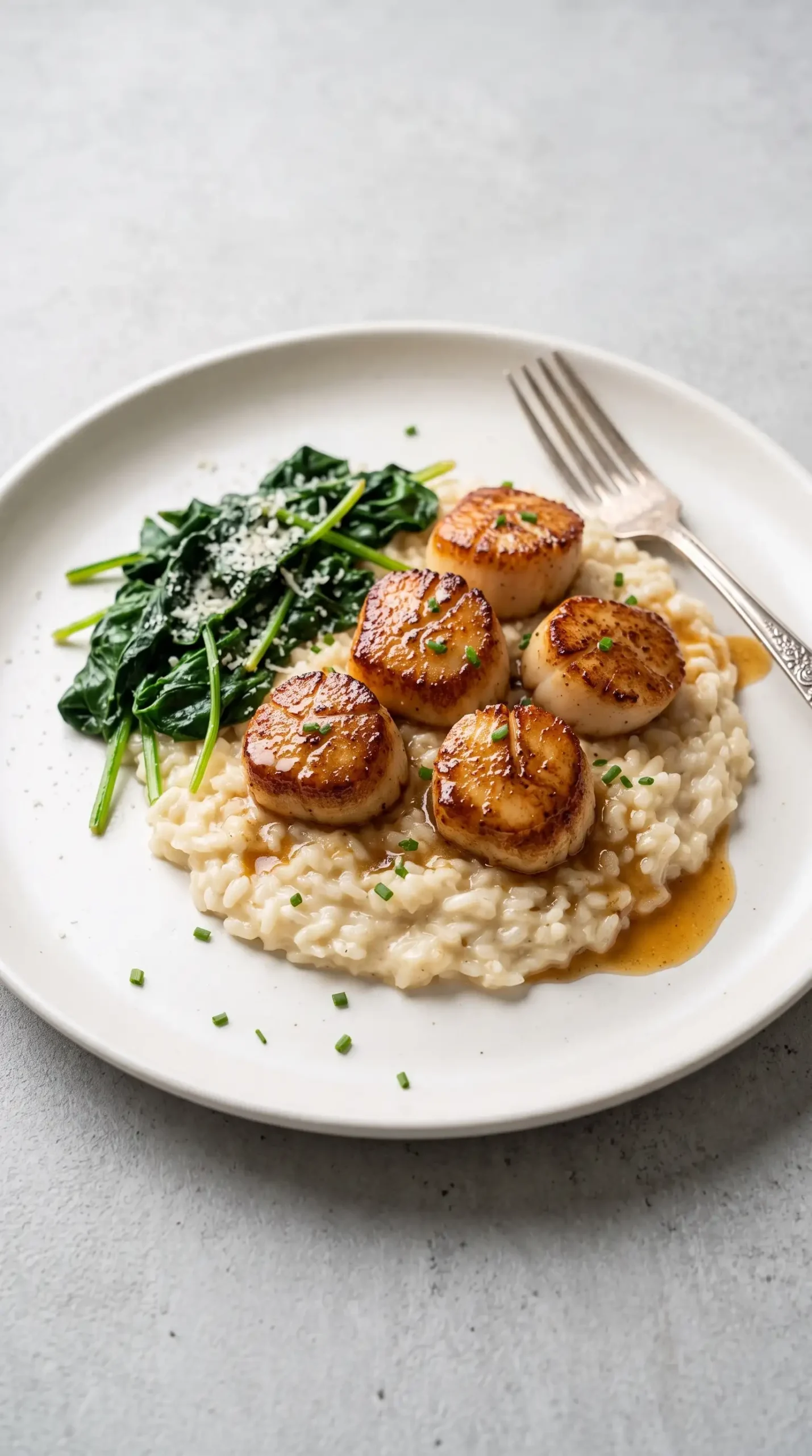 Brown butter scallops served over creamy Parmesan risotto with greens