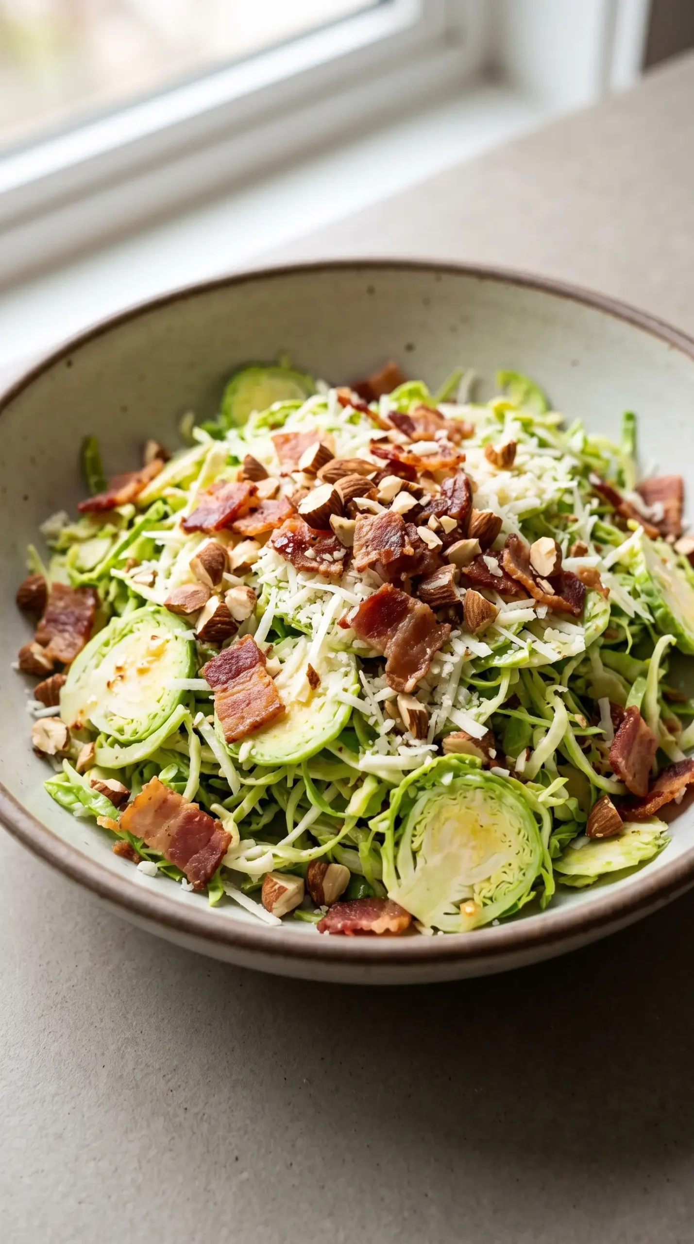 Bacon and Brussels sprout salad with Pecorino-Romano, almonds, and citrus dressing