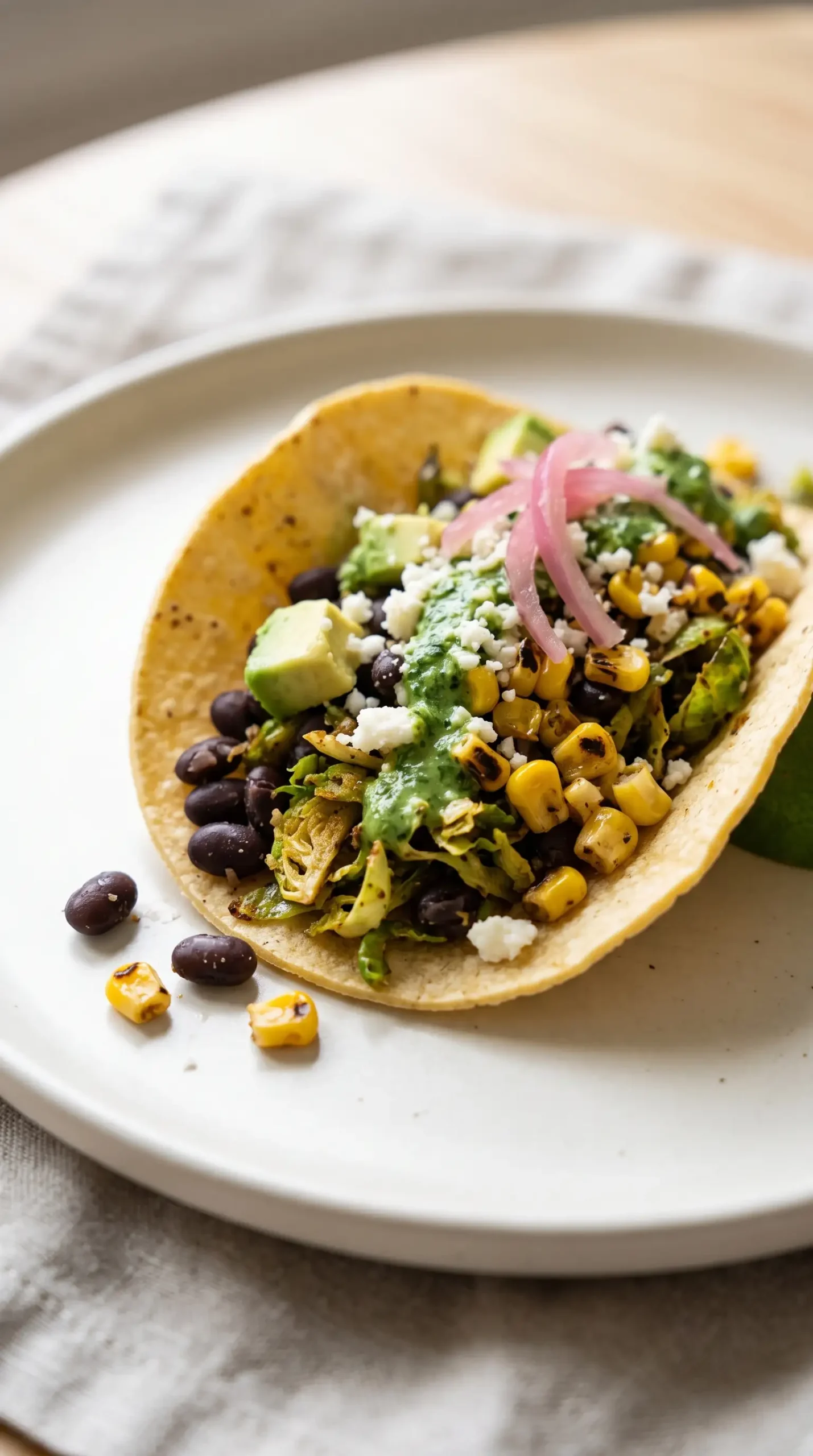 Single Brussels sprouts taco filled with vegetables, avocado, corn, and herb sauce