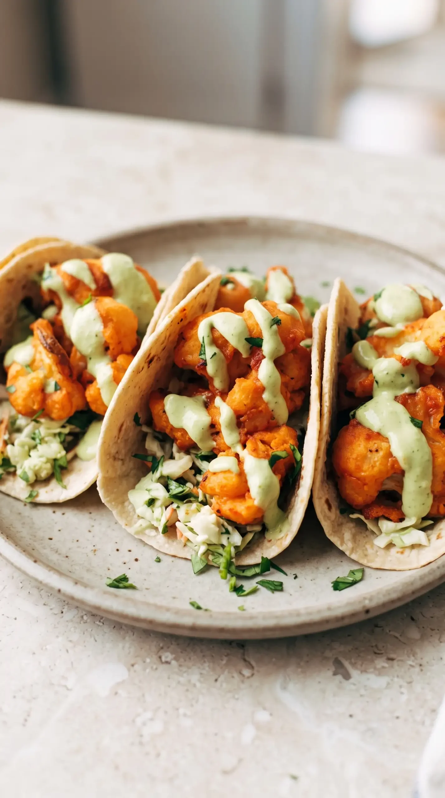 Buffalo cauliflower tacos topped with slaw, avocado crema, and cilantro
