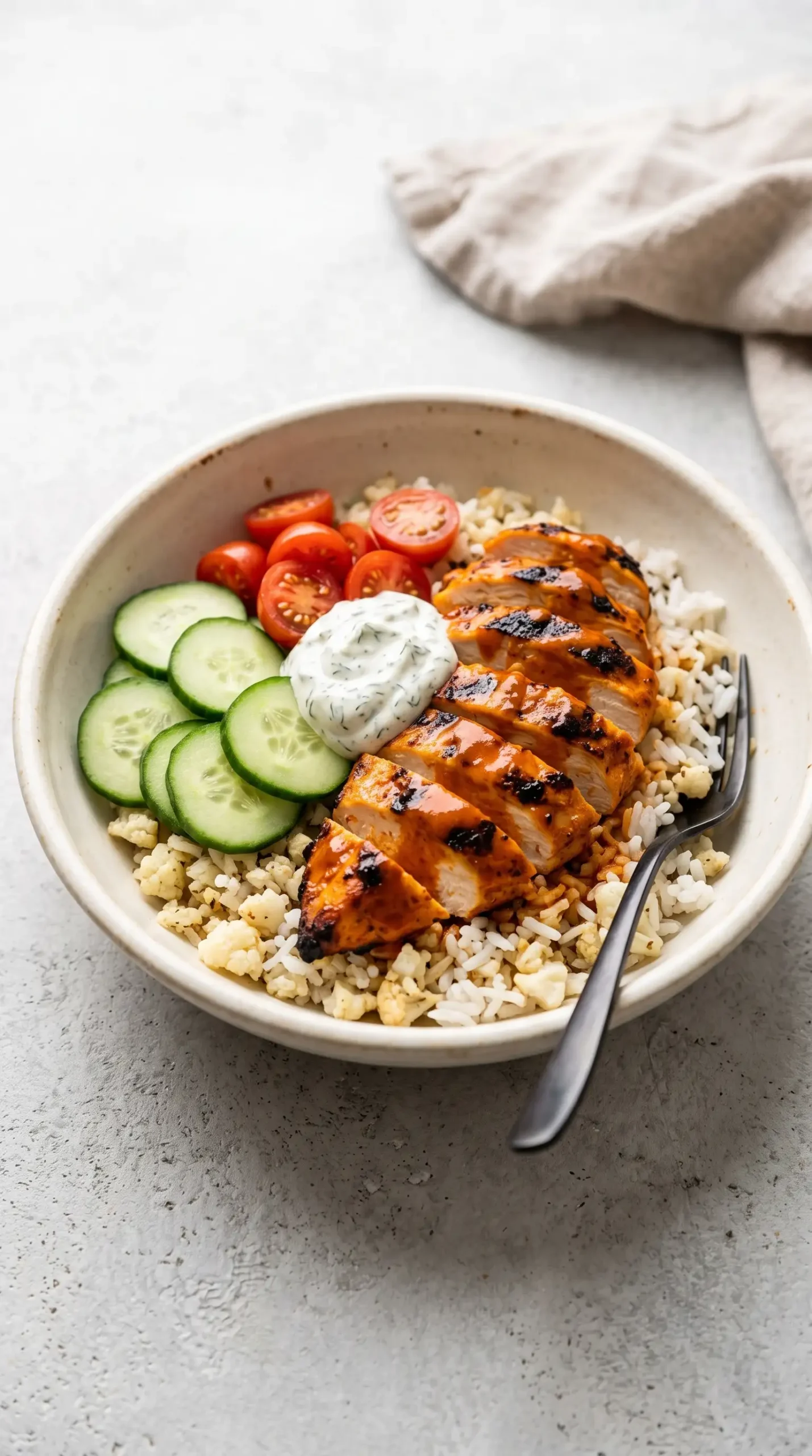 Finished buffalo chicken bowl with roasted cauliflower rice, vegetables, and dill dip