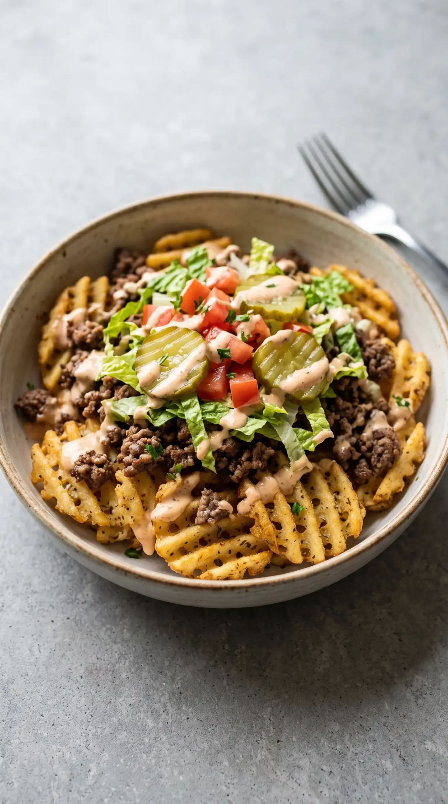 Burger bowl with ground beef, ranch fries, fresh toppings, and house sauce