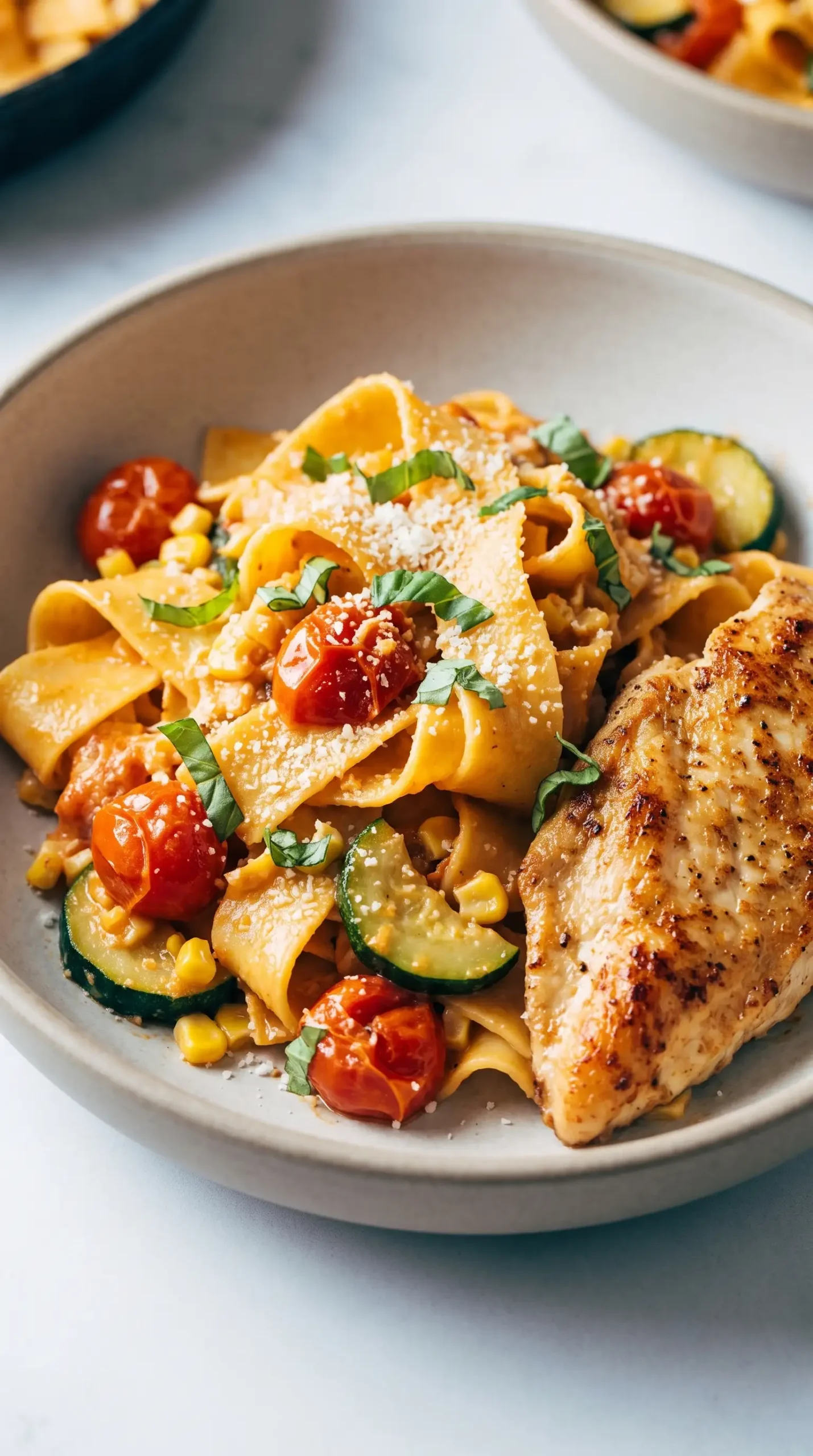 Burst tomato pappardelle with zucchini, corn, chicken, basil, and Parmesan