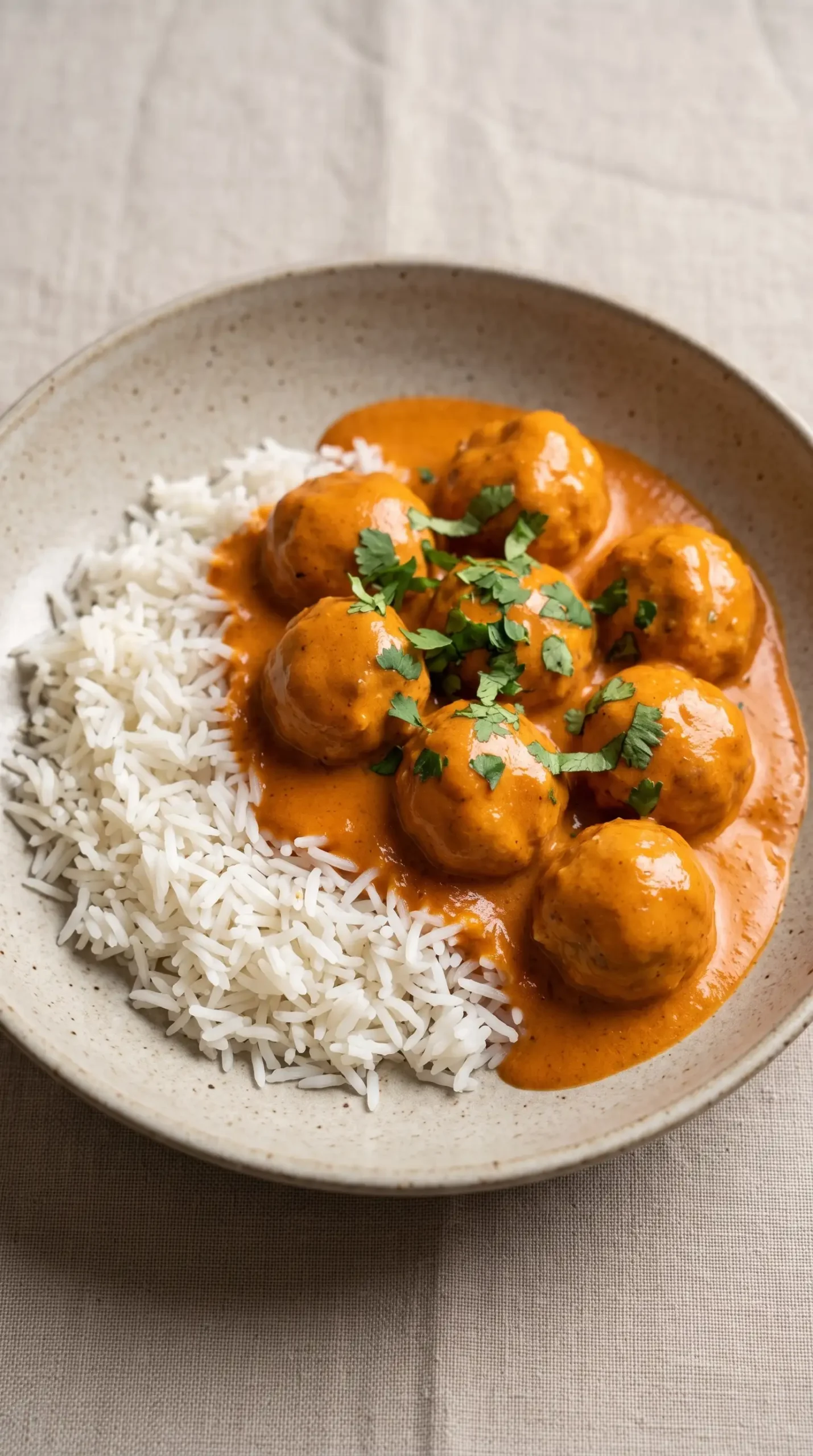 Butter chicken meatballs coated in creamy tomato sauce over basmati rice