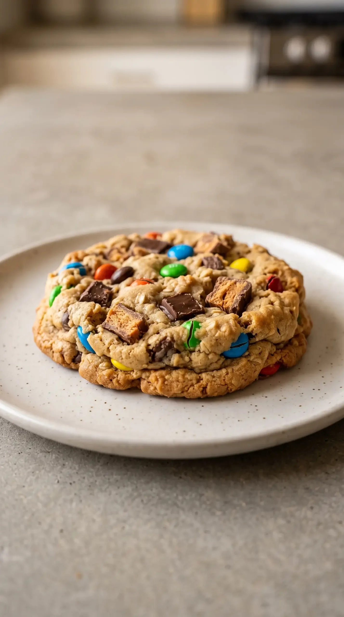 Cooled Butterfinger Monster Cookie with peanut butter oats, chocolate chunks, and candy pieces