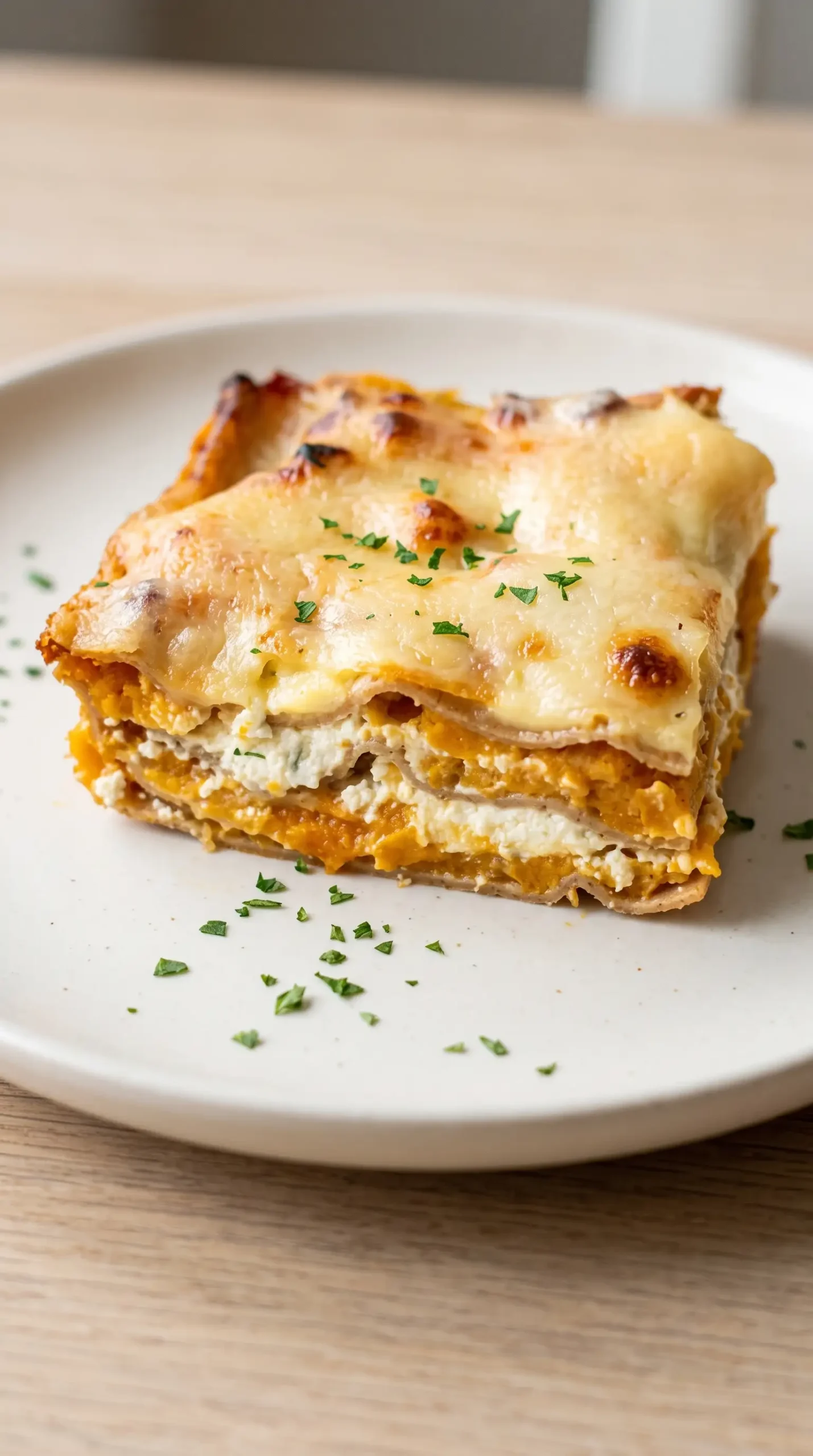 Finished butternut squash lasagna slice showing creamy noodle and cheese layers