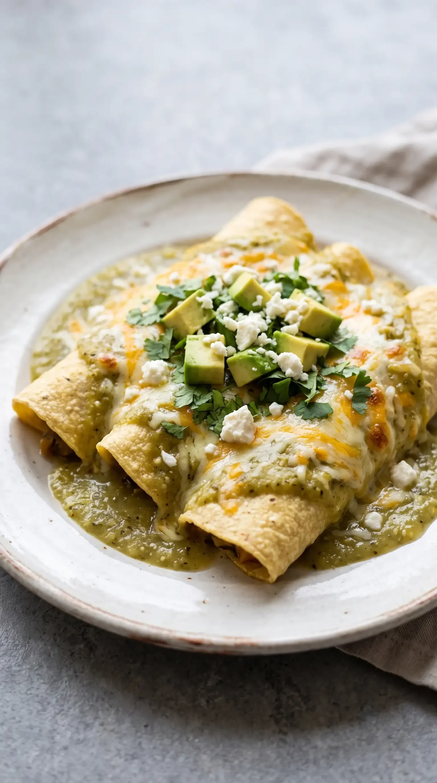 Butternut squash mushroom enchiladas topped with tomatillo sauce, cheese, and cilantro