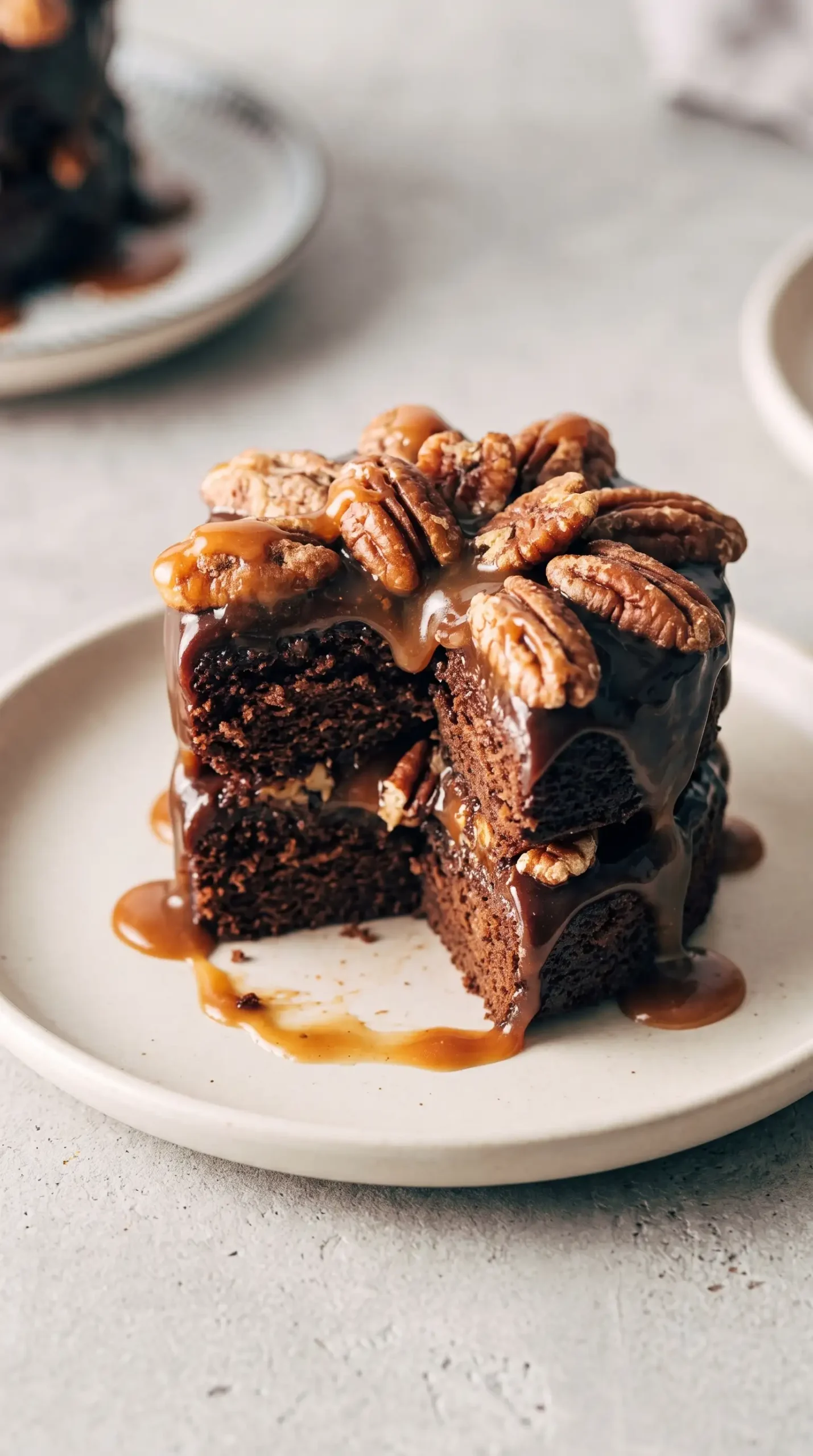 Finished cafe latte turtle cake with chocolate frosting, caramel, and toasted pecans