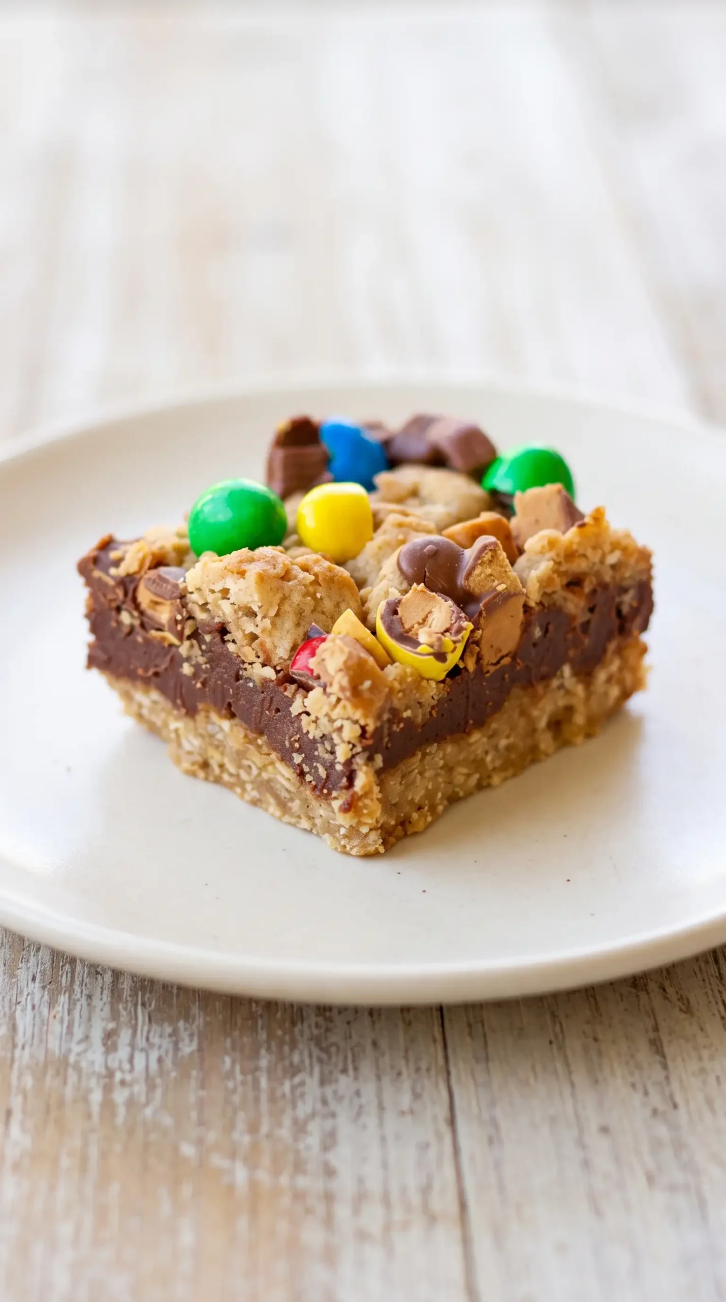 Finished candy fudge bars with oatmeal layers, chocolate center, and candy toppings
