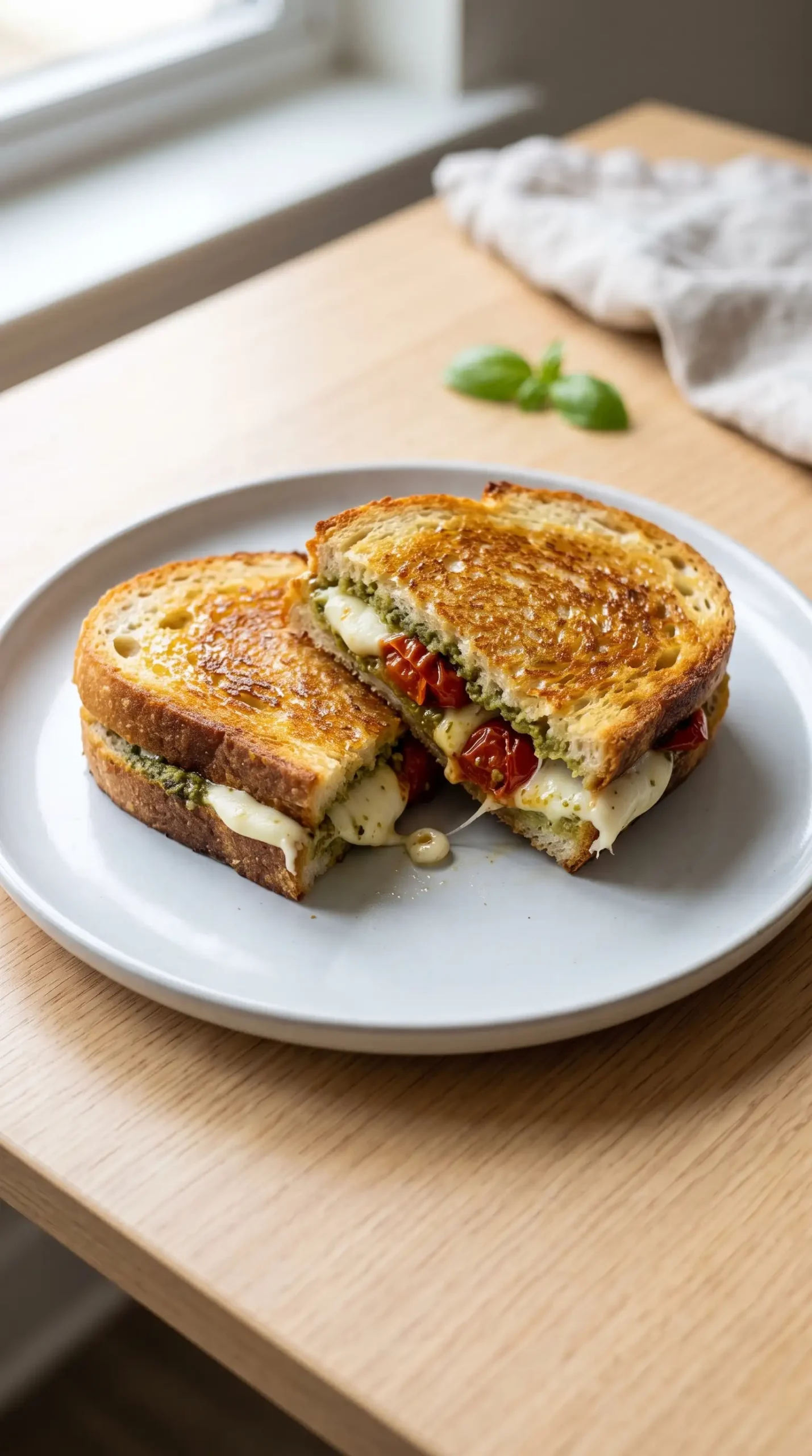 Toasted sourdough caprese grilled cheese with mozzarella, pesto, and tomato sauce filling