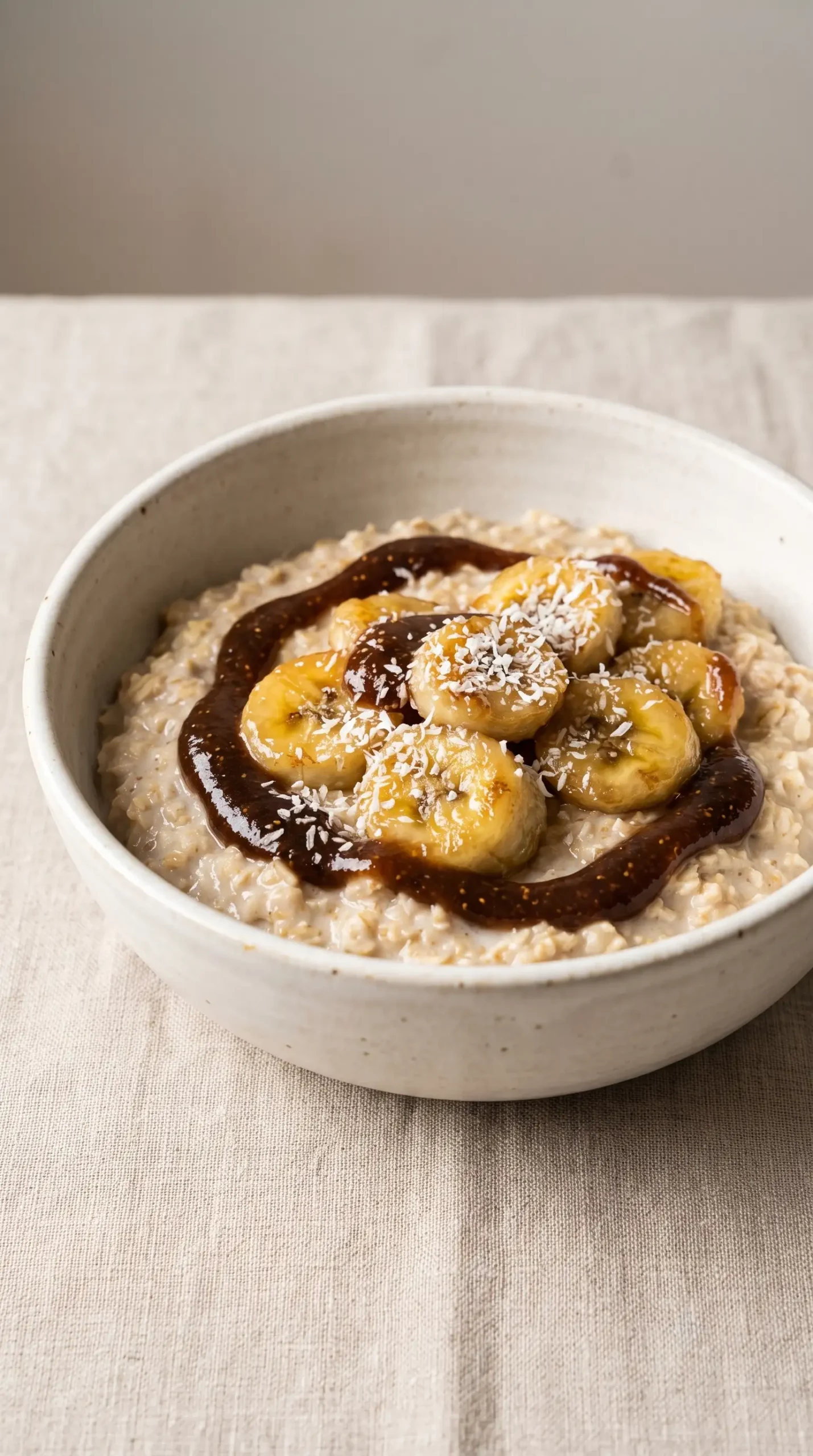 Finished caramelized banana oatmeal with fig preserves drizzle and coconut topping