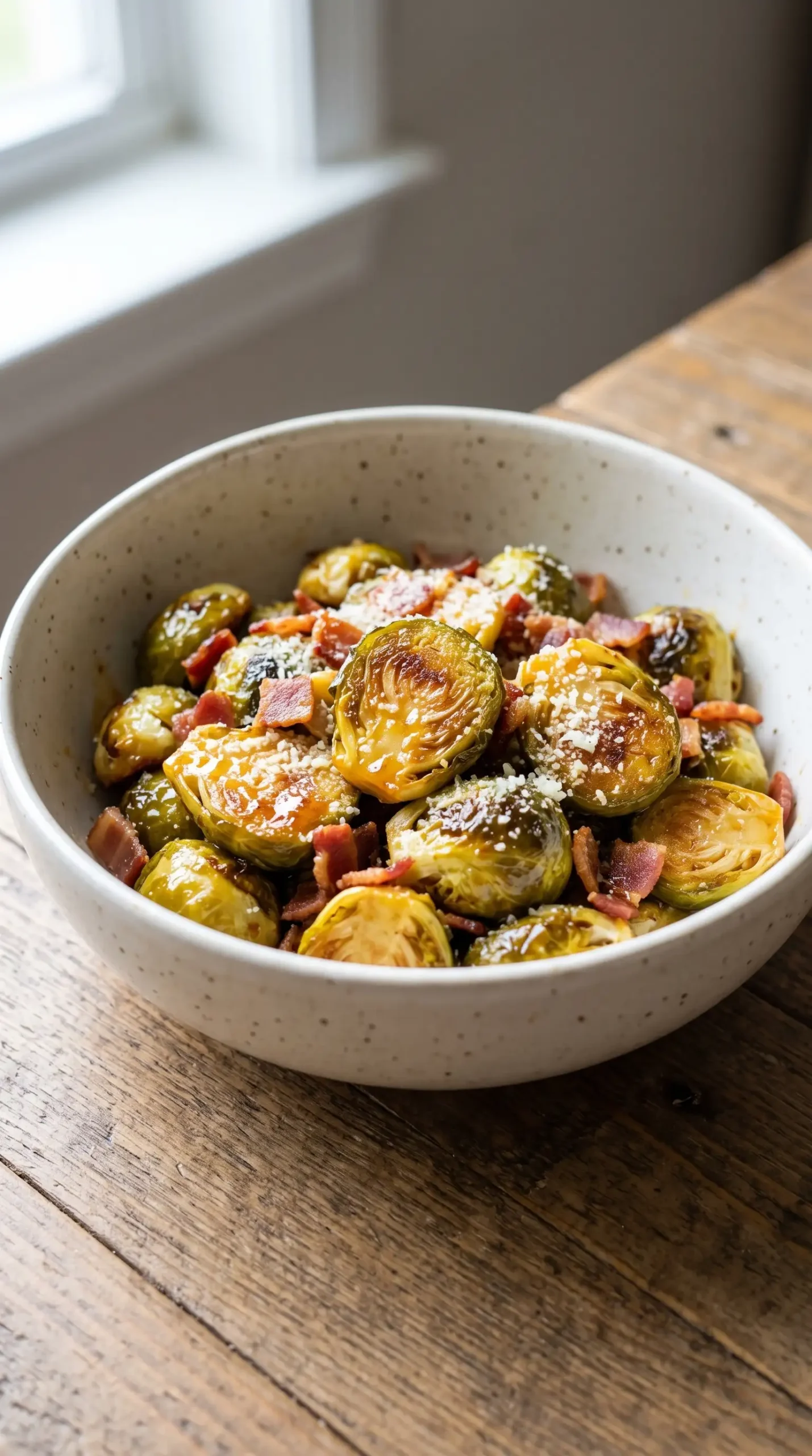 Finished caramelized Brussels sprouts with bacon pieces and Parmesan topping in a bowl