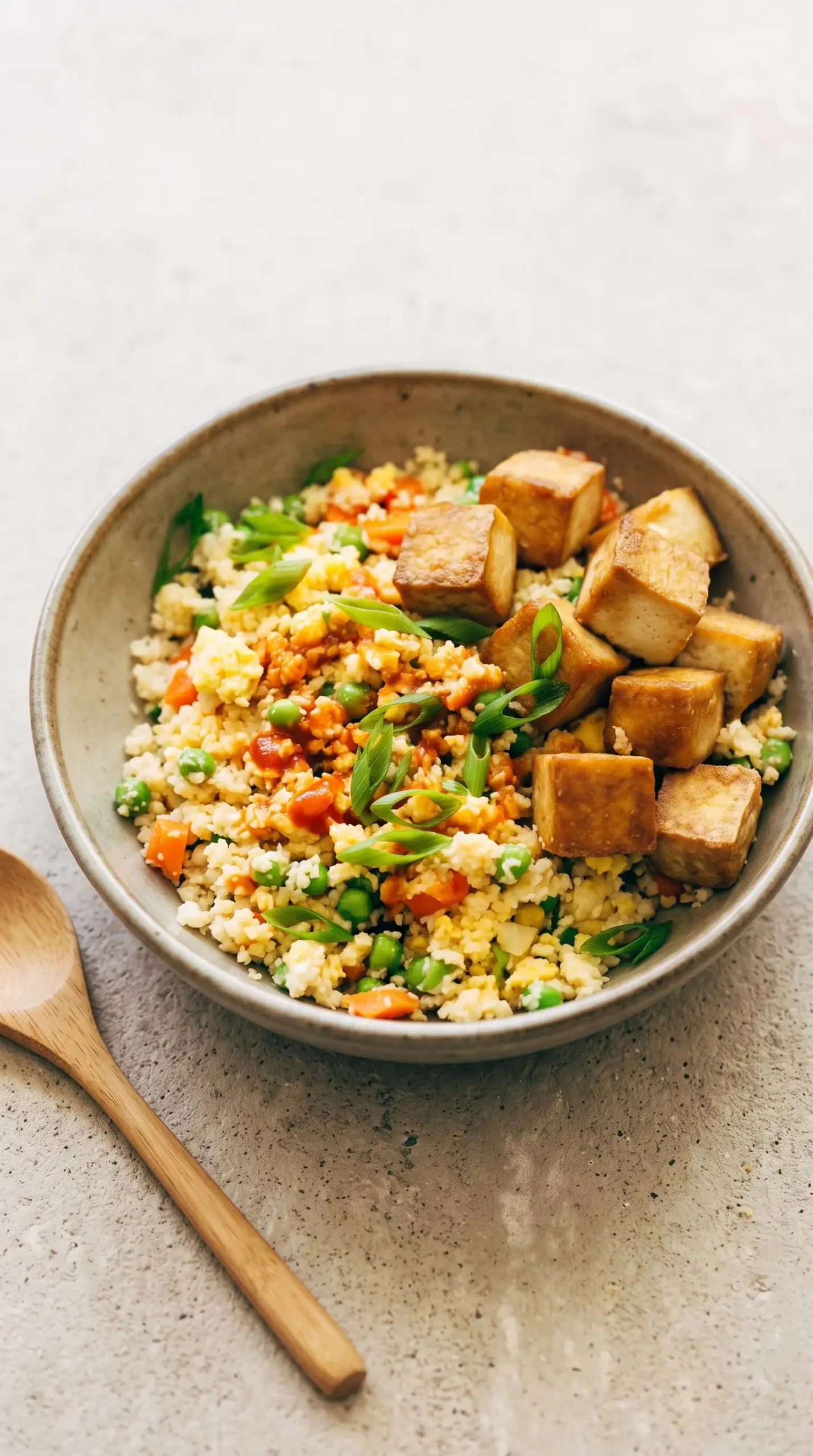Bowl of cauliflower fried rice with crispy tofu, vegetables, eggs, and green onions