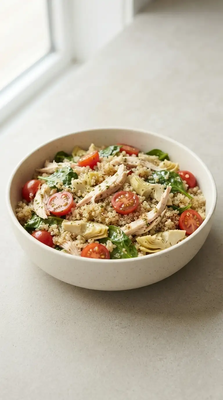 Finished chicken quinoa salad bowl with rotisserie chicken, quinoa, vegetables, and vinaigrette