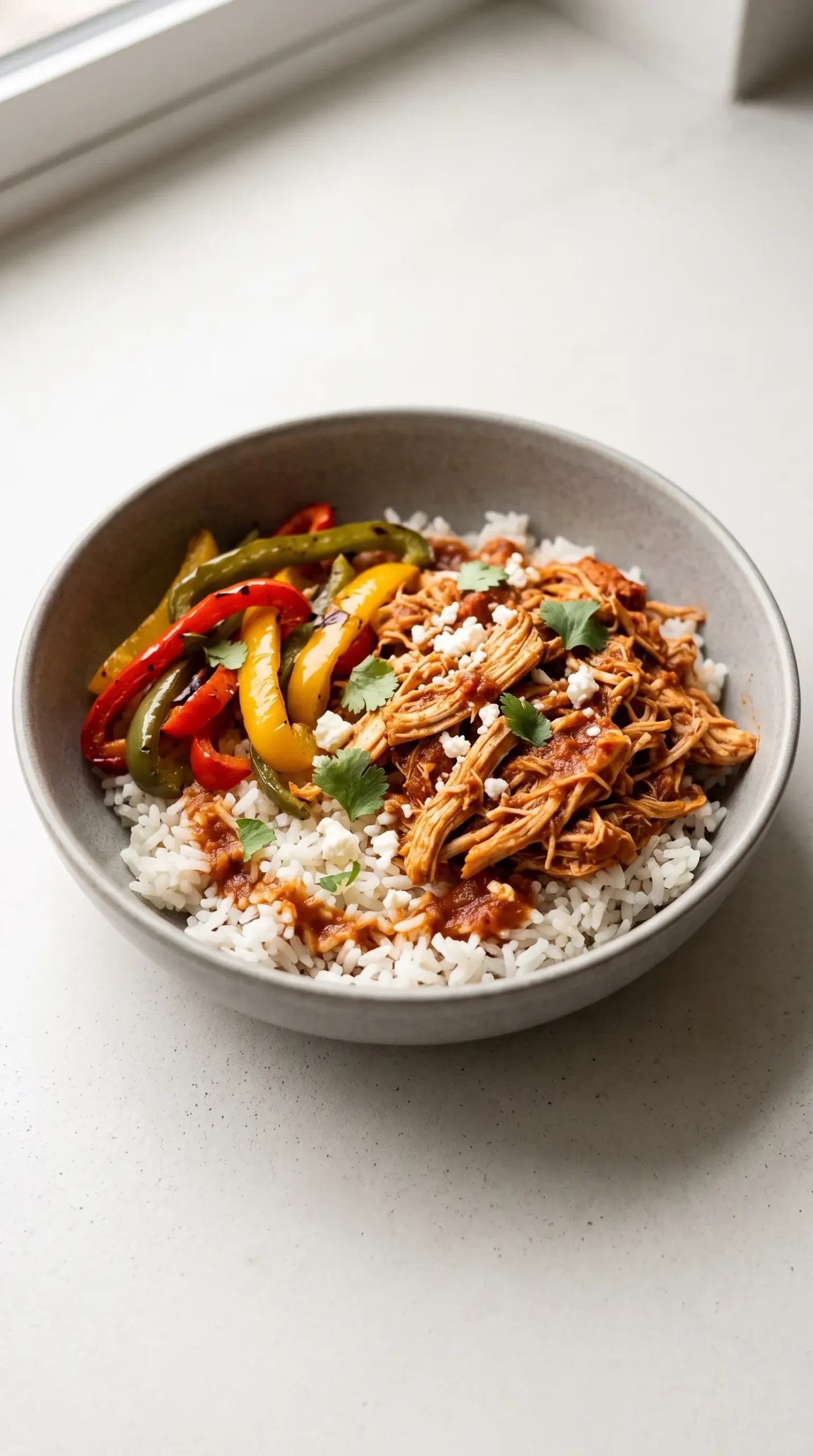 Finished chicken tinga bowl with saucy shredded chicken, peppers, and rice base
