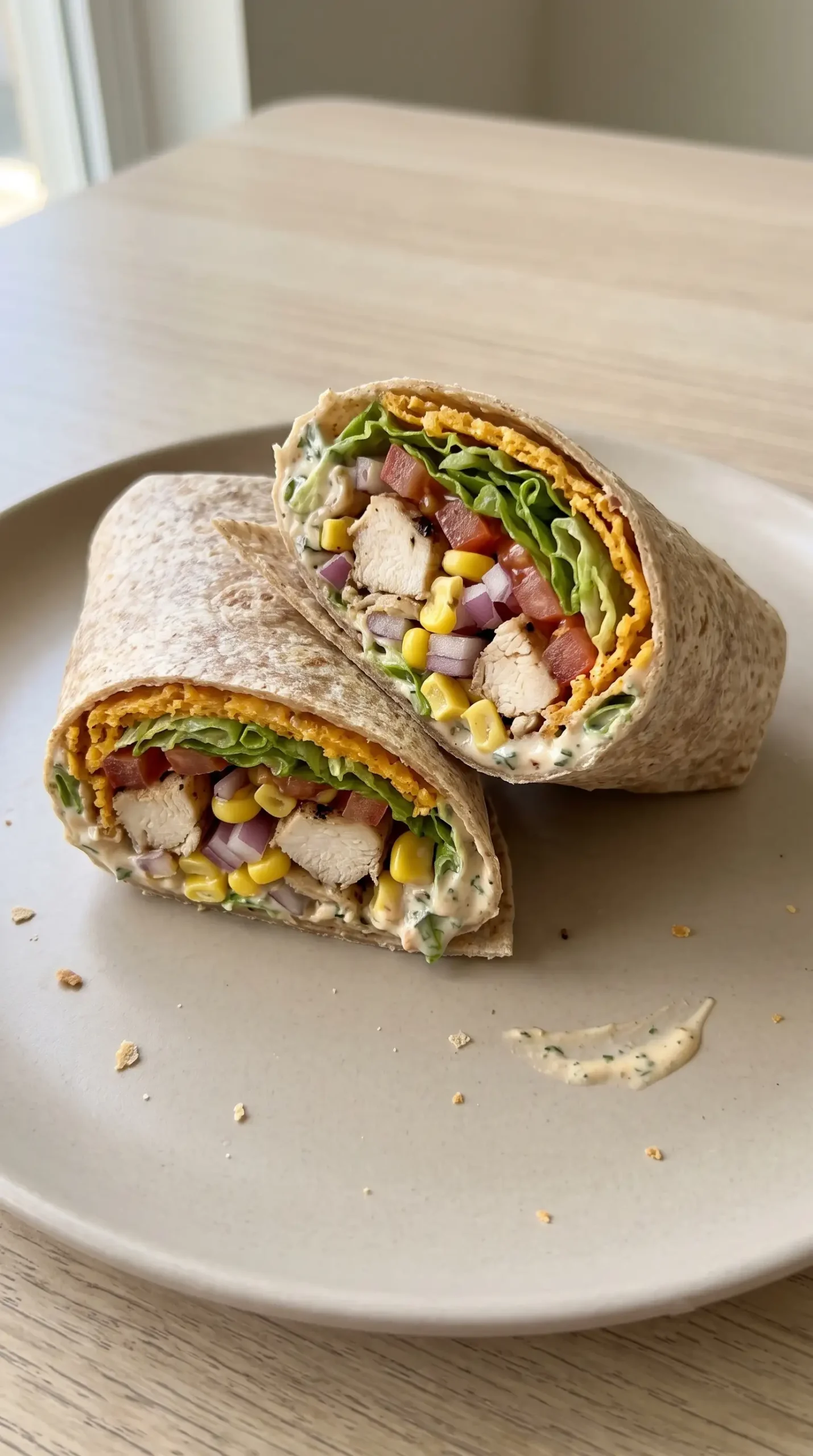 Professional food photography close-up of one completed Ang's Chicken Wrap as the finished dish, centered on a single whole wheat wrap cut to reveal the balanced filling of grilled chicken, crunchy cheddar cheese crisp layer, sweet corn, lettuce, tomato, red onion, and creamy sauce. The wrap should look naturally assembled and handheld, with visible contrast between the crisp cheese and fresh vegetables. Place it on a simple neutral ceramic plate with minimal garnish, soft daylight, realistic textures, no extra servings, no decorative clutter, no dramatic effects.
