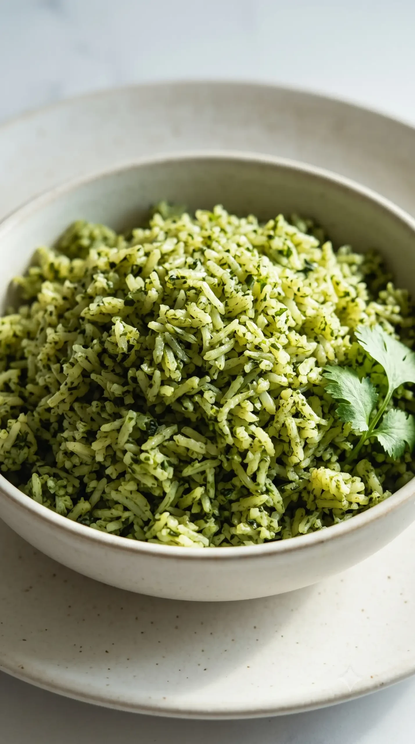 Serving bowl of fluffy cilantro and spinach green rice with evenly blended herb color.