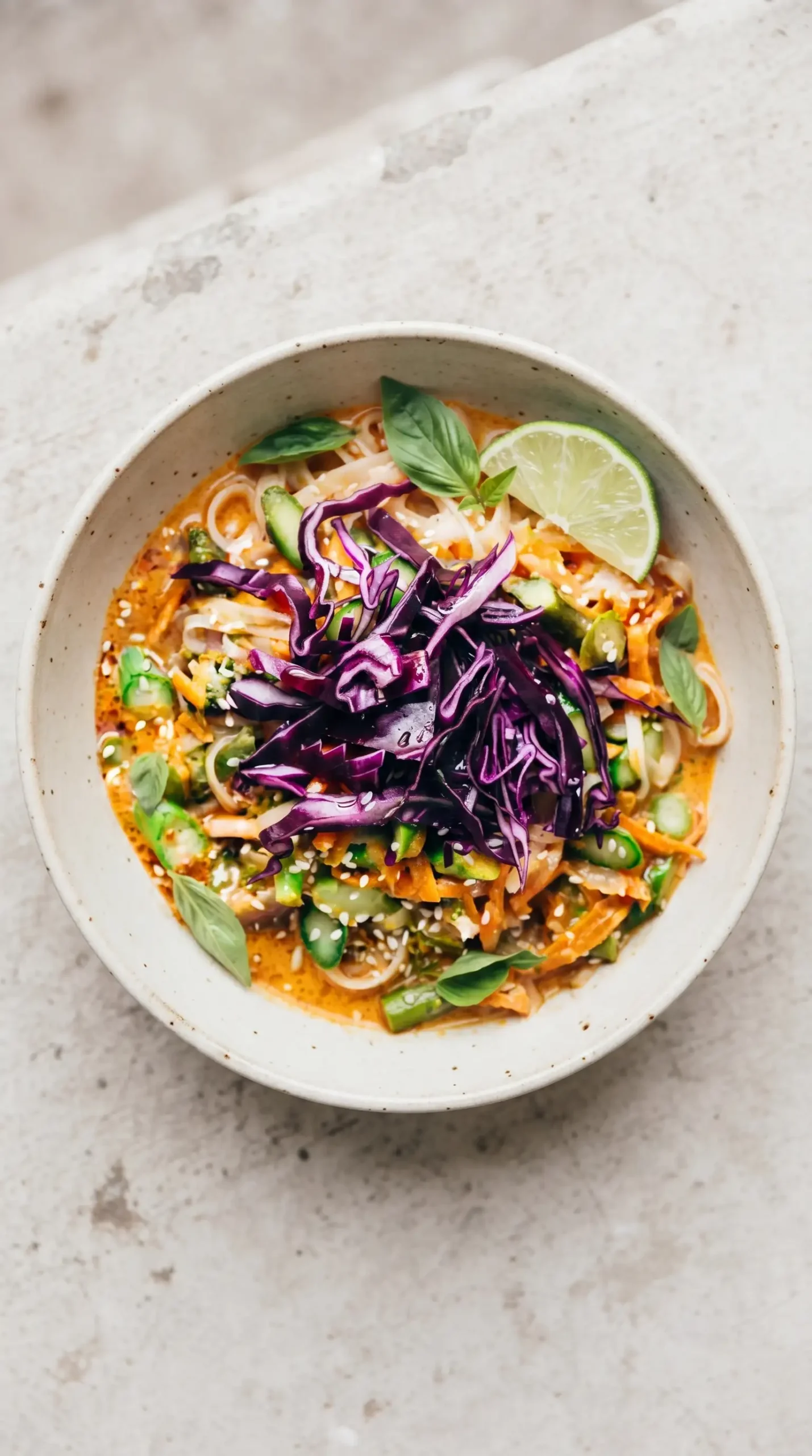 Finished coconut curry noodle bowl topped with cabbage, basil, sesame, and lime