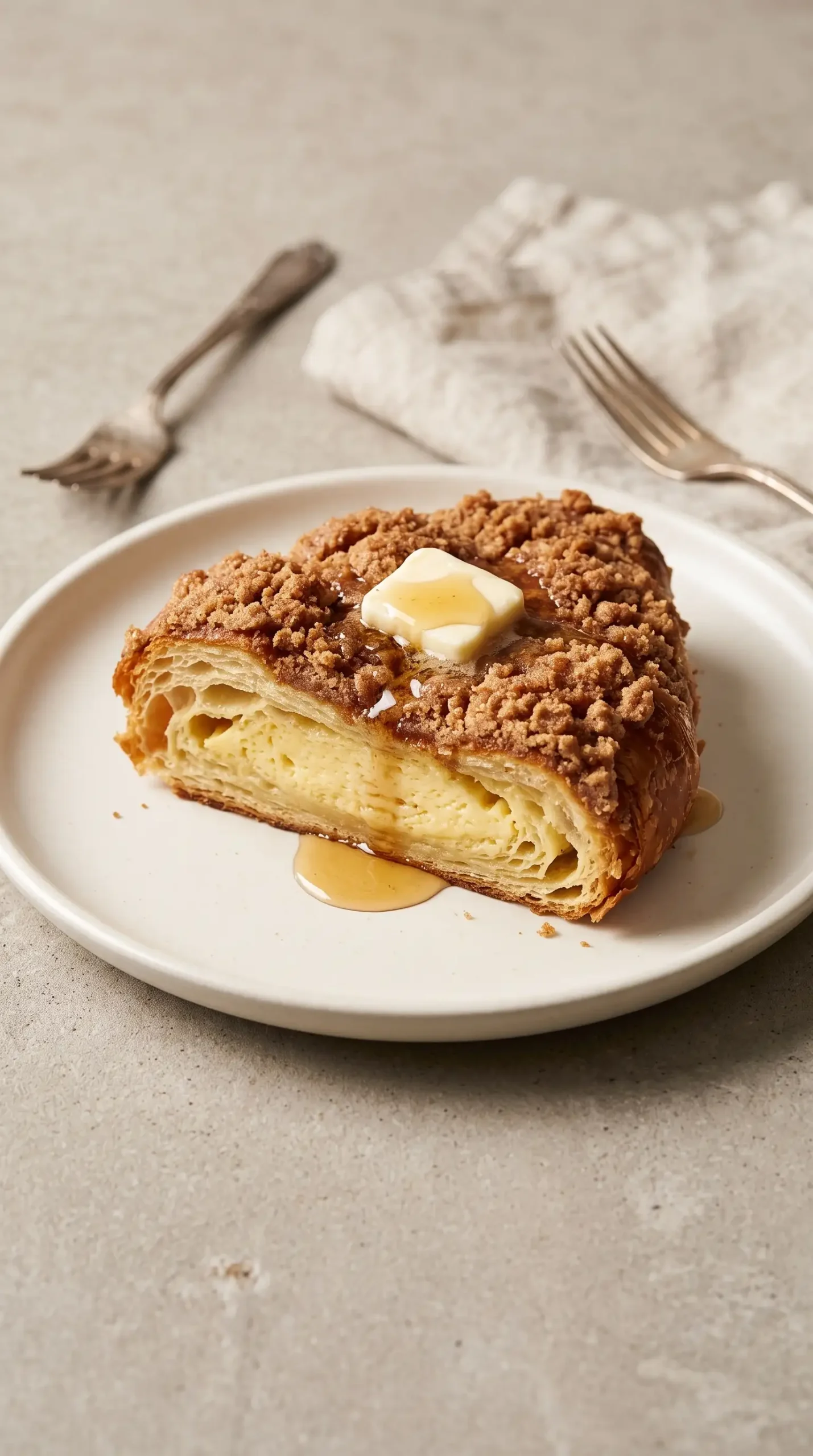 Slice of croissant French toast with cinnamon topping, butter, and maple syrup