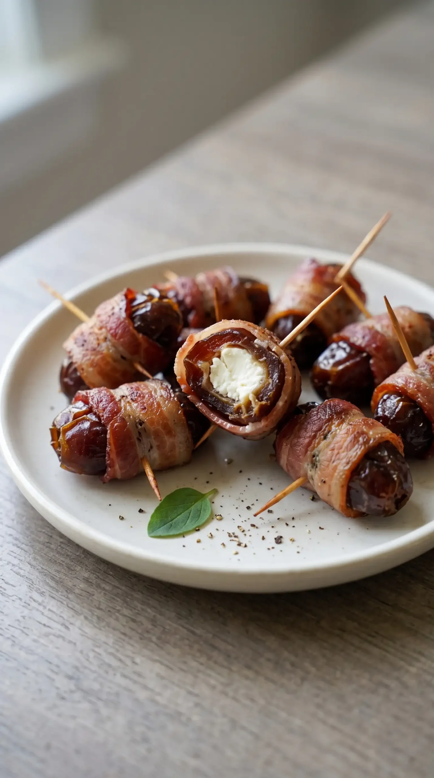 Bacon wrapped dates with goat cheese on a plate showing browned bacon and creamy centers