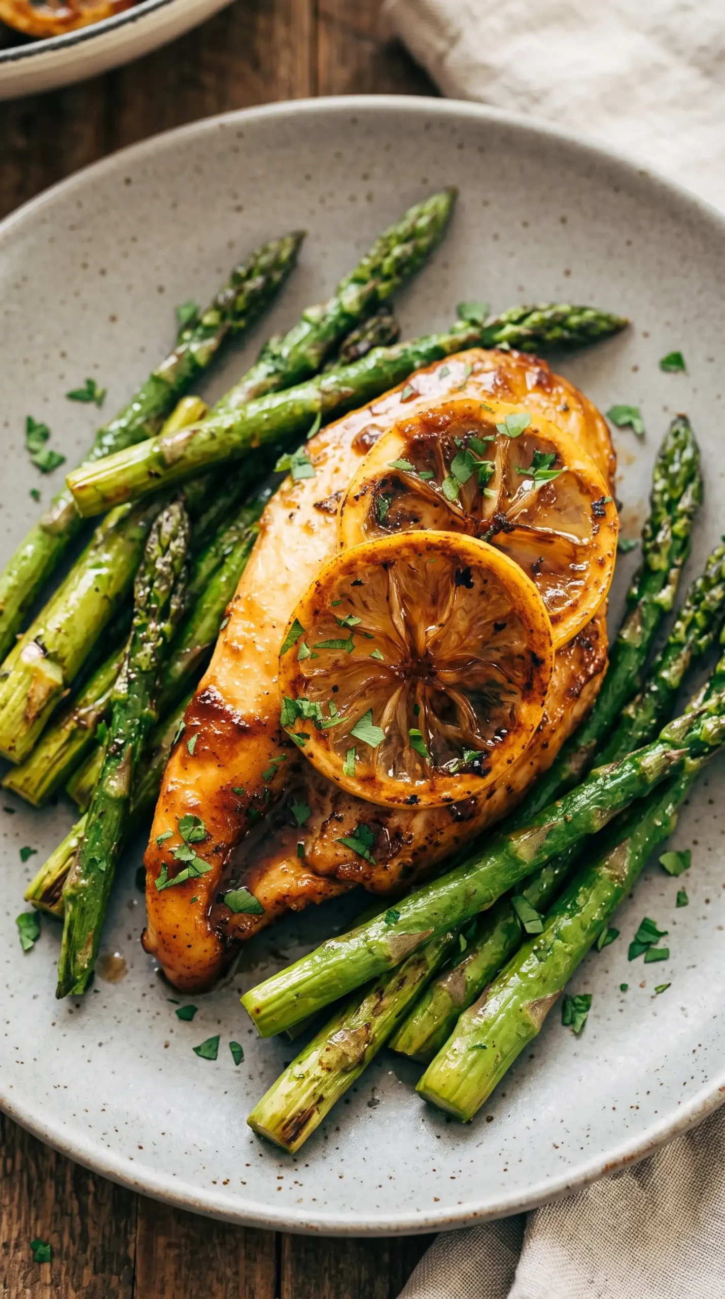 Finished lemon chicken with asparagus topped with browned lemon slices